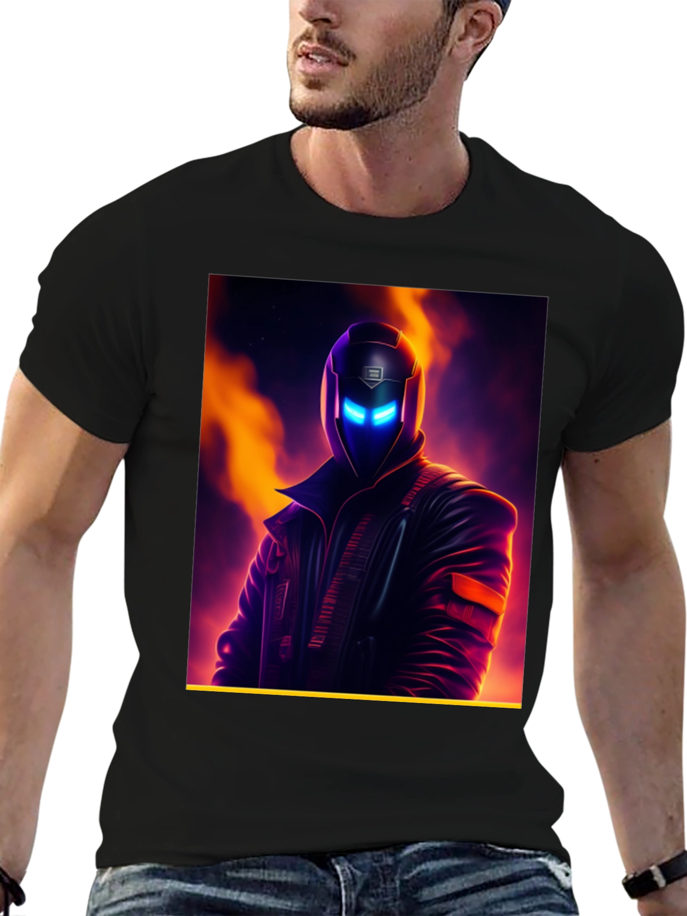 Black Cyberpunk Character Graphic Tee - Men's Black T-Shirt view 6