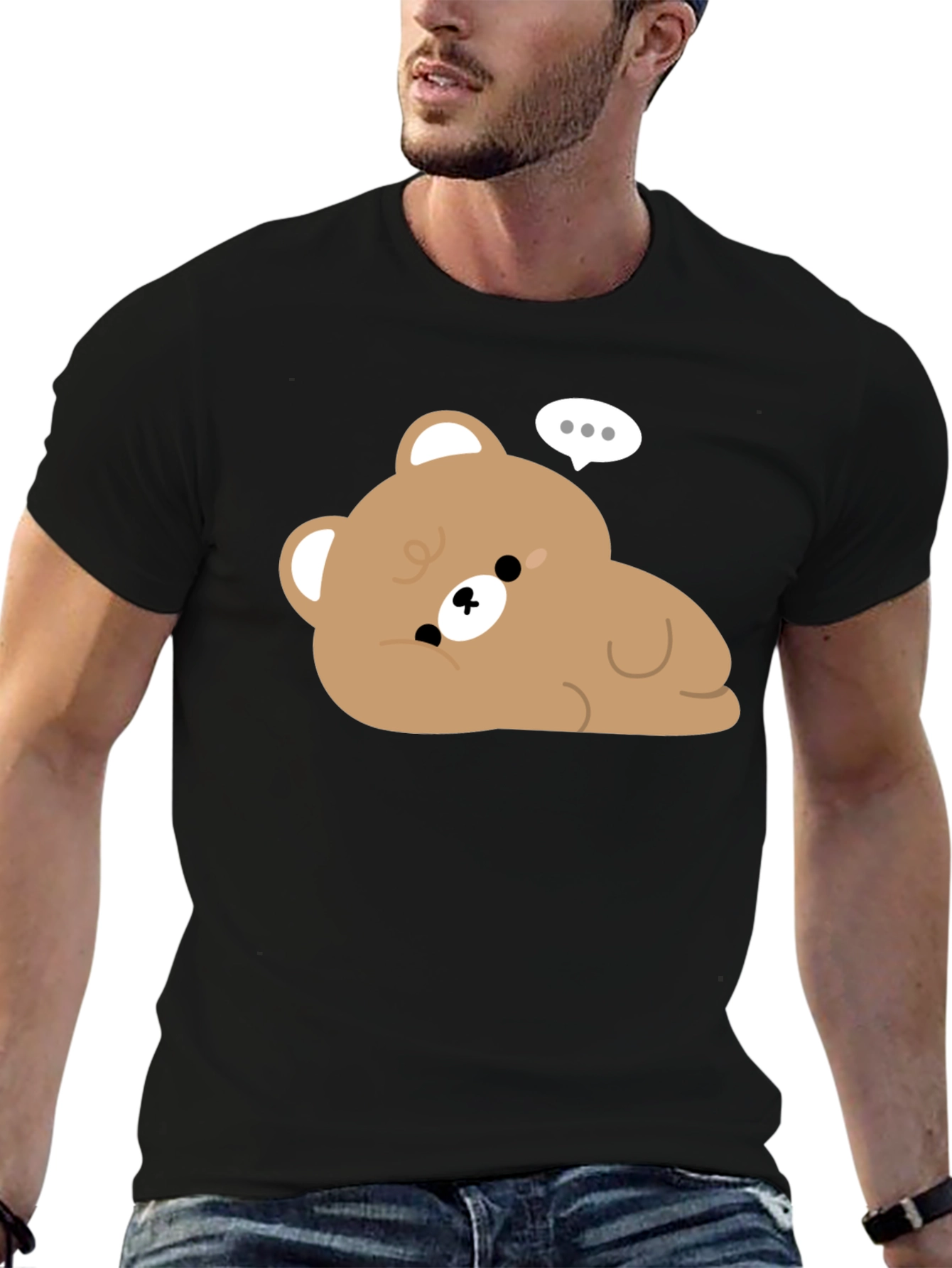 Black Cute Cartoon Bear Graphic Black T-Shirt view 6