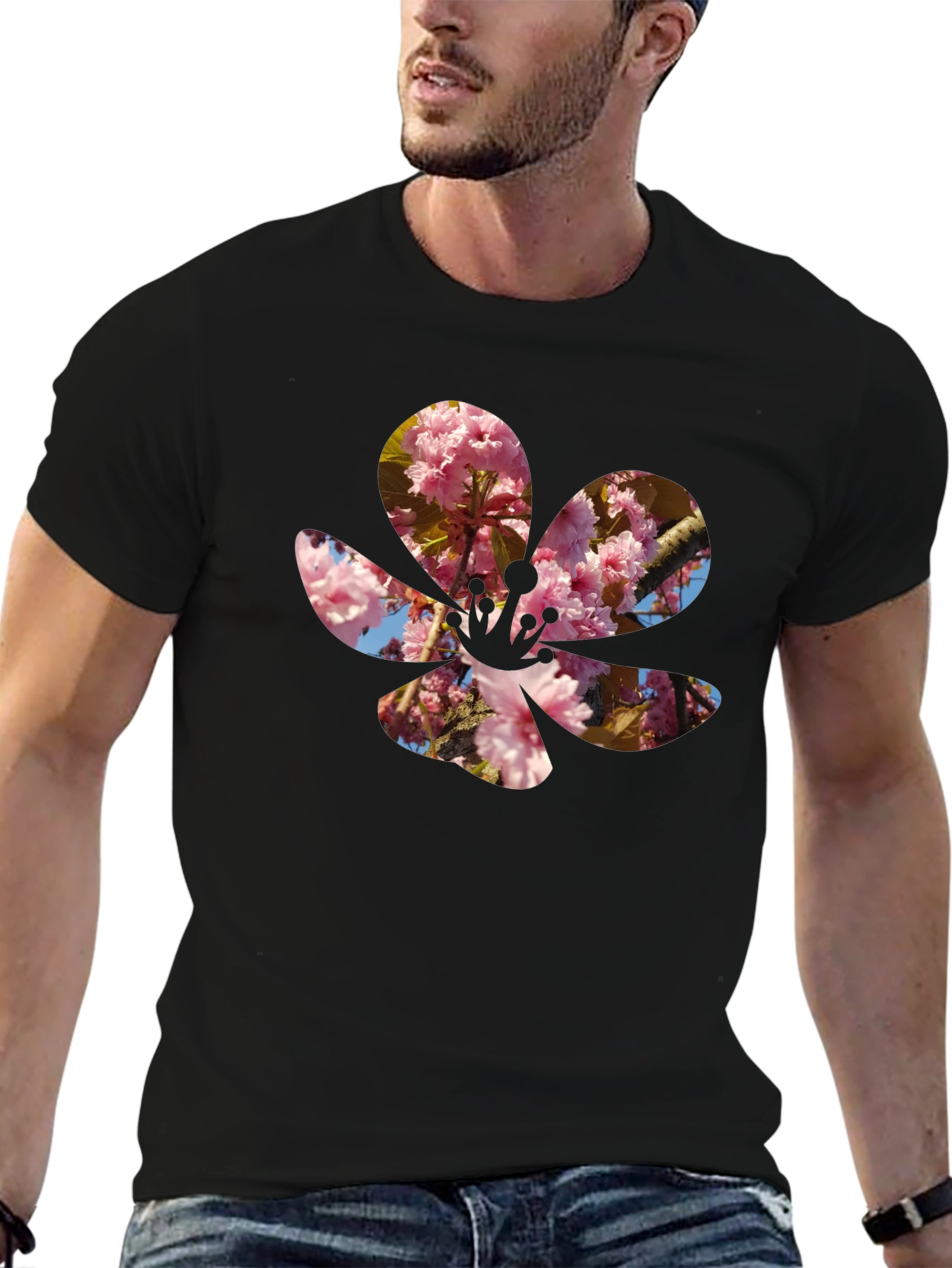 Black Blossom Print T-Shirt - Casual Black Tee view 6