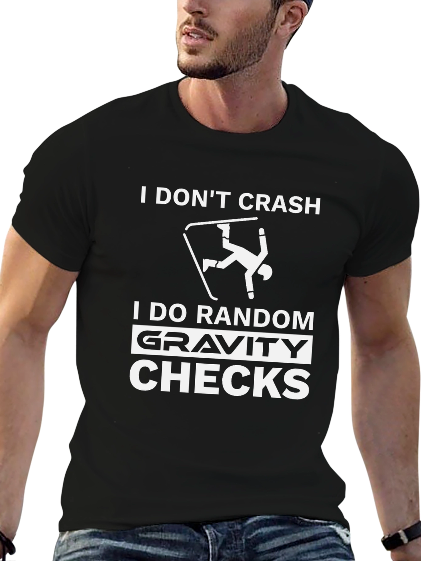 Black Funny Skiing Graphic T-Shirt - Gravity Checks Black Tee view 6