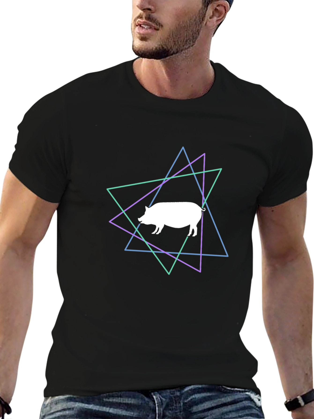 Black Neon Pig Graphic Tee - Black Cotton T-Shirt view 6