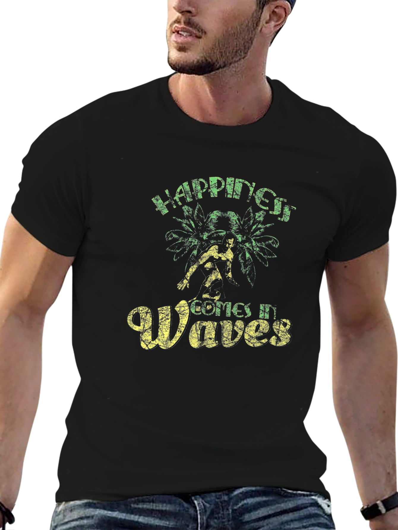 Black Happiness Comes In Waves Black Graphic Tee view 6