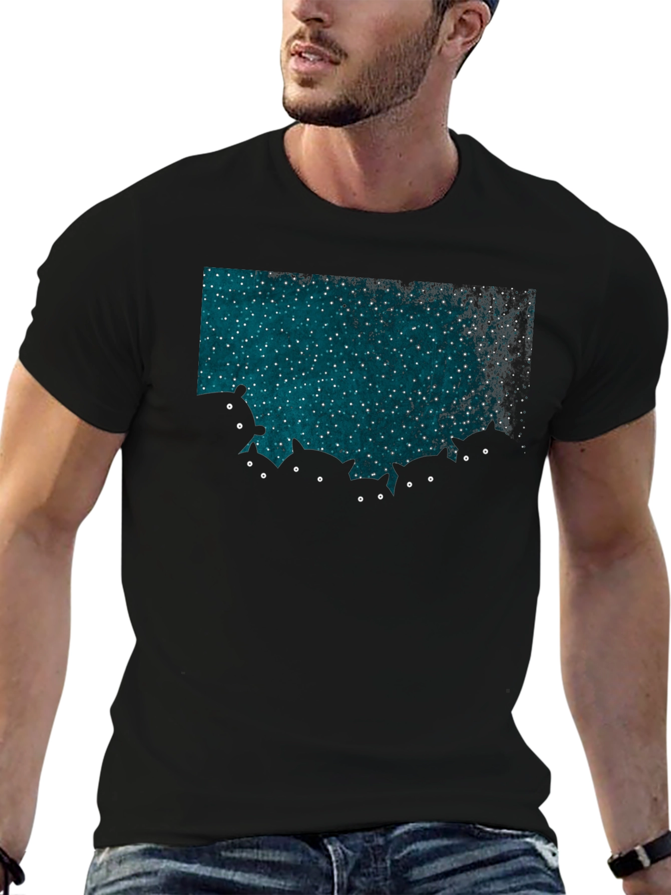 Black Mysterious Cats T-Shirt - Stargazing Cats Design view 6