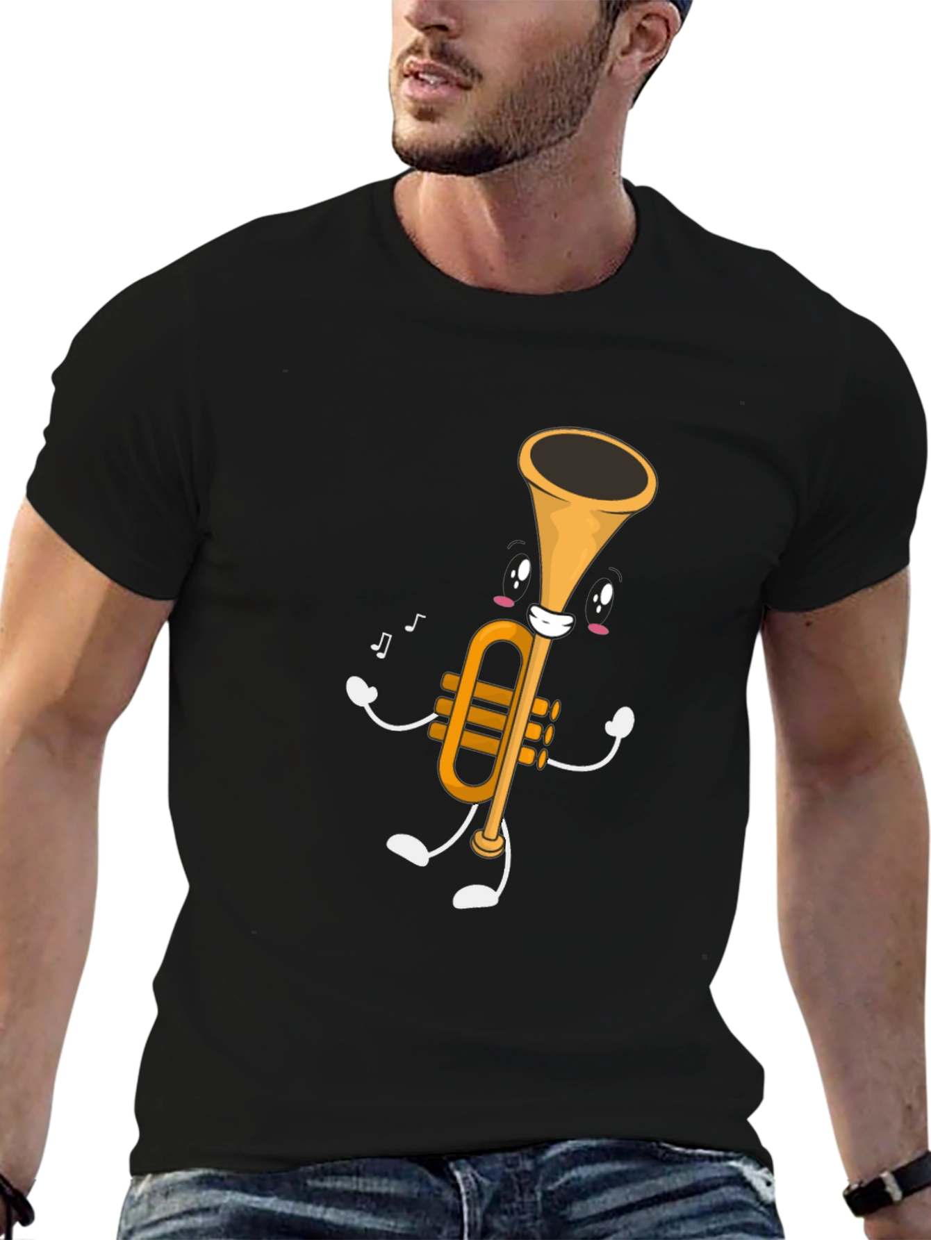 Black Musical Trumpet Graphic Tee - Black Cotton T-Shirt view 6