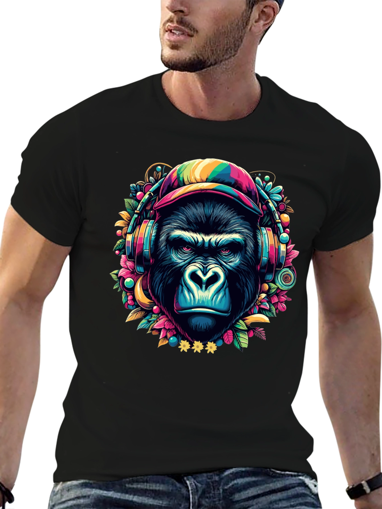 Black Gorilla DJ Graphic T-Shirt - Colorful & Unique Design view 6