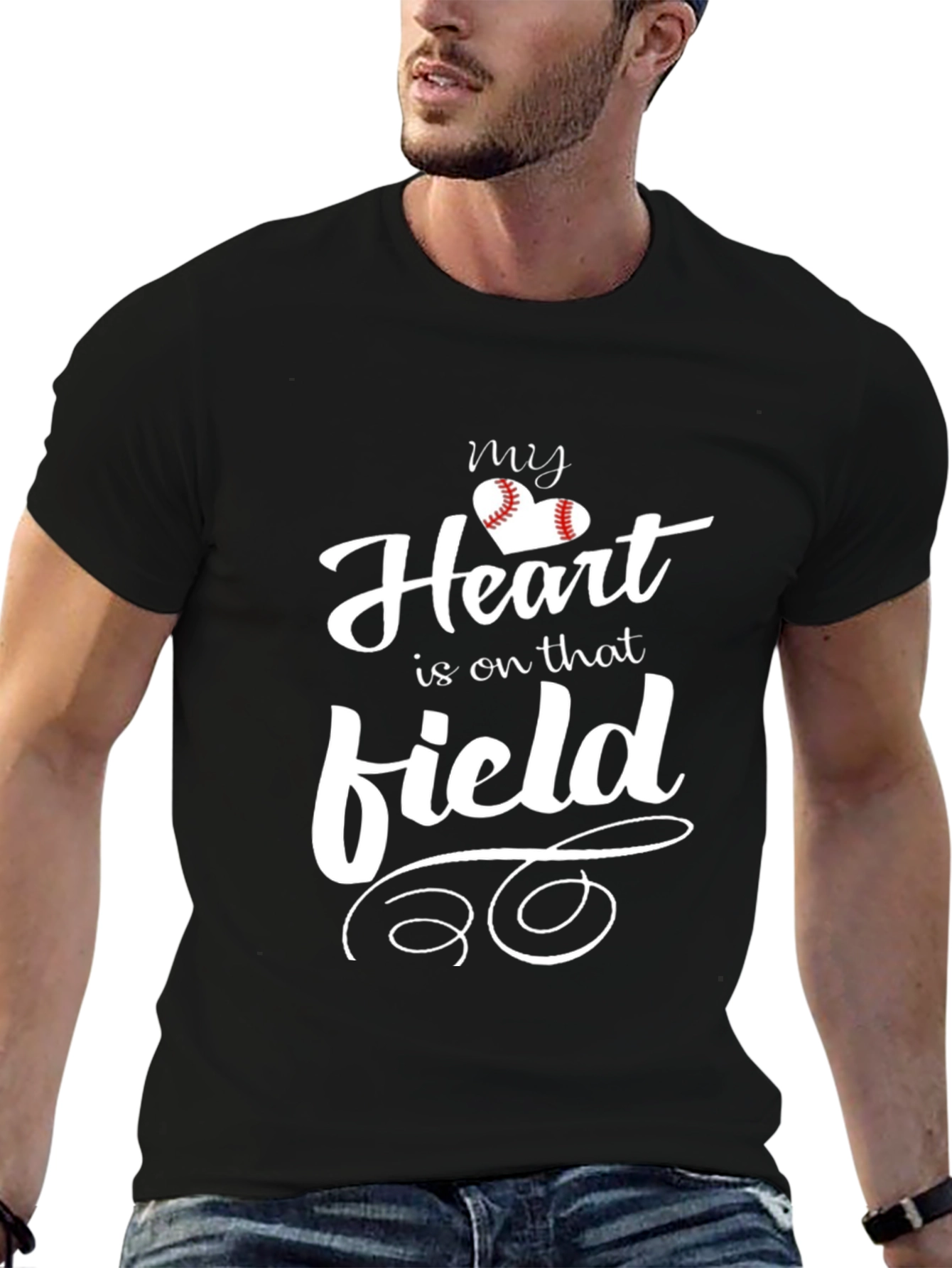 Black Baseball Heart T-Shirt for Sports Fans view 6