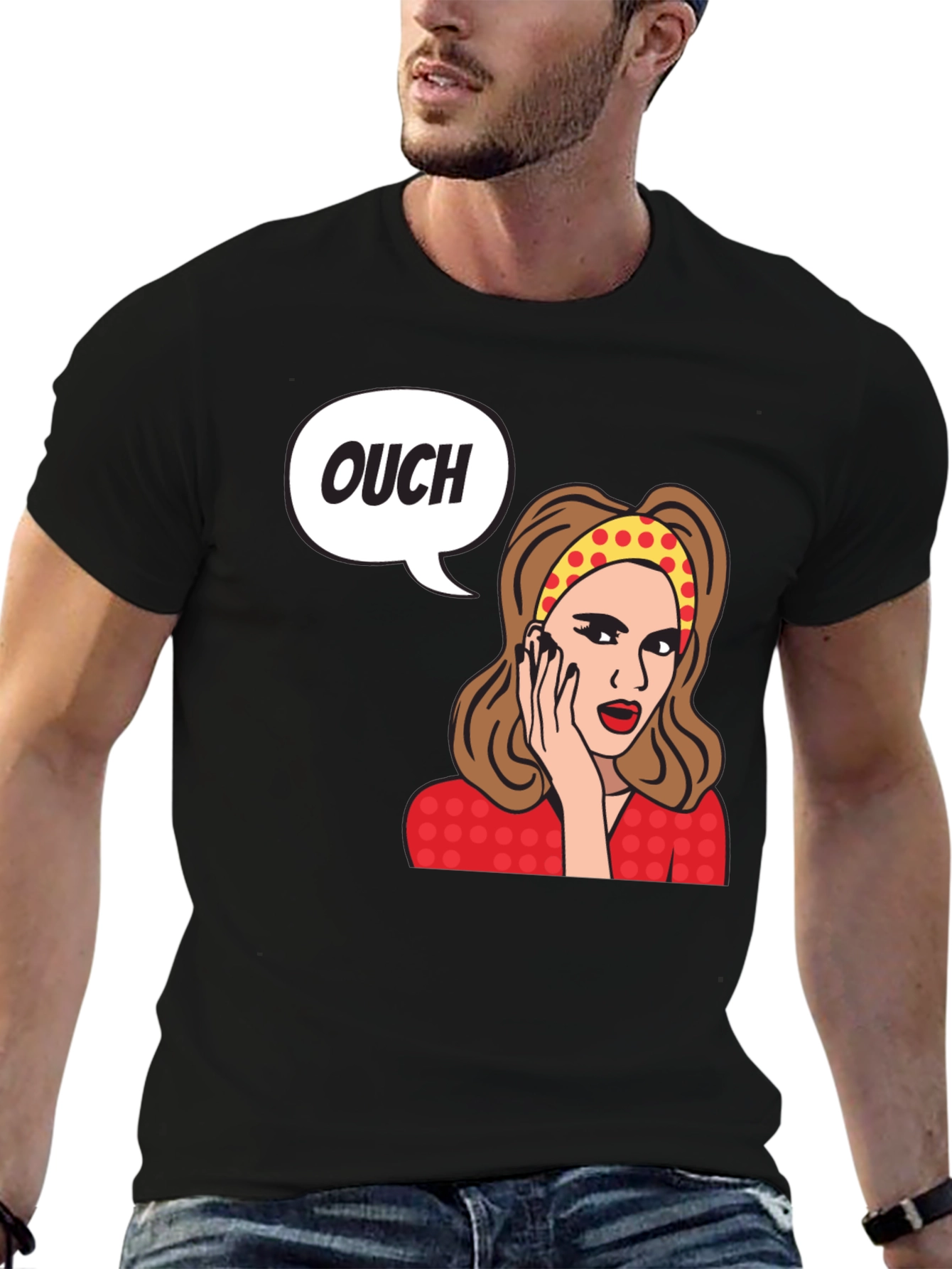 Black Ouch! Retro Cartoon Graphic T-Shirt view 6