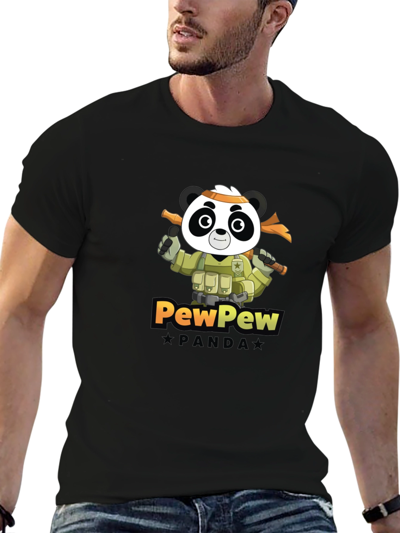 Black PewPew Panda Graphic Tee - Black Crew Neck T-Shirt view 6