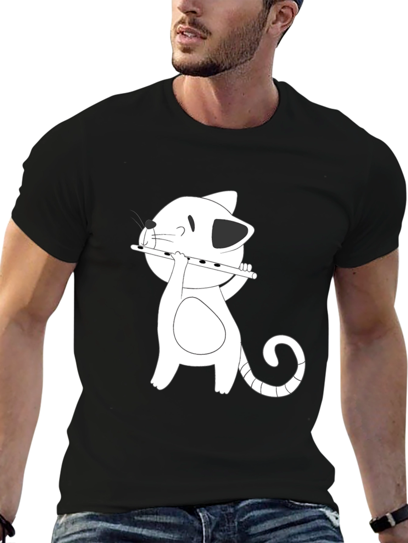 Black Cartoon Cat Flute Player Black T-Shirt view 6