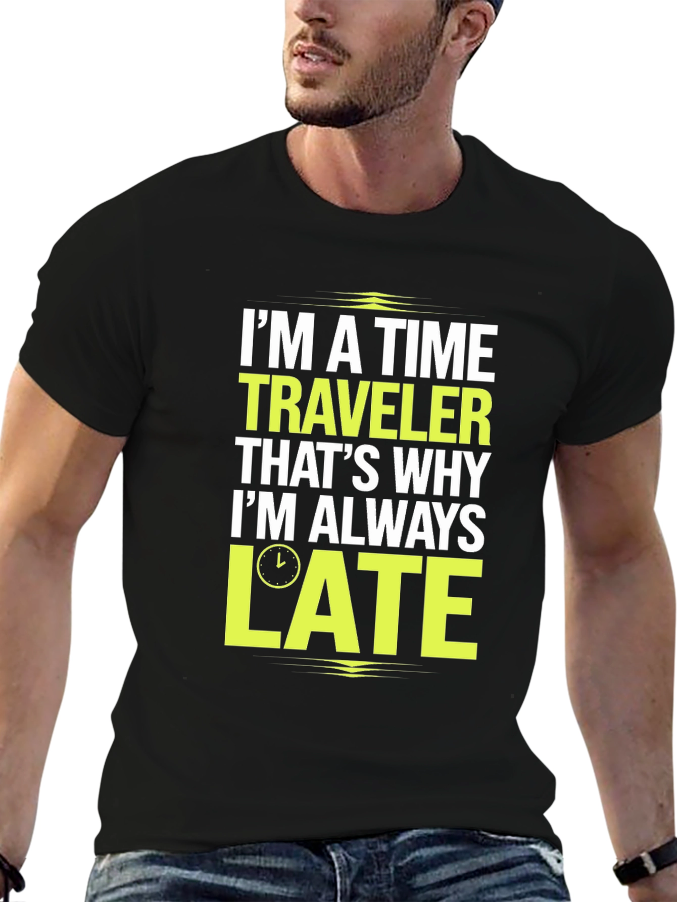 Black Time Traveler Late Men's T-Shirt Funny Tee view 6