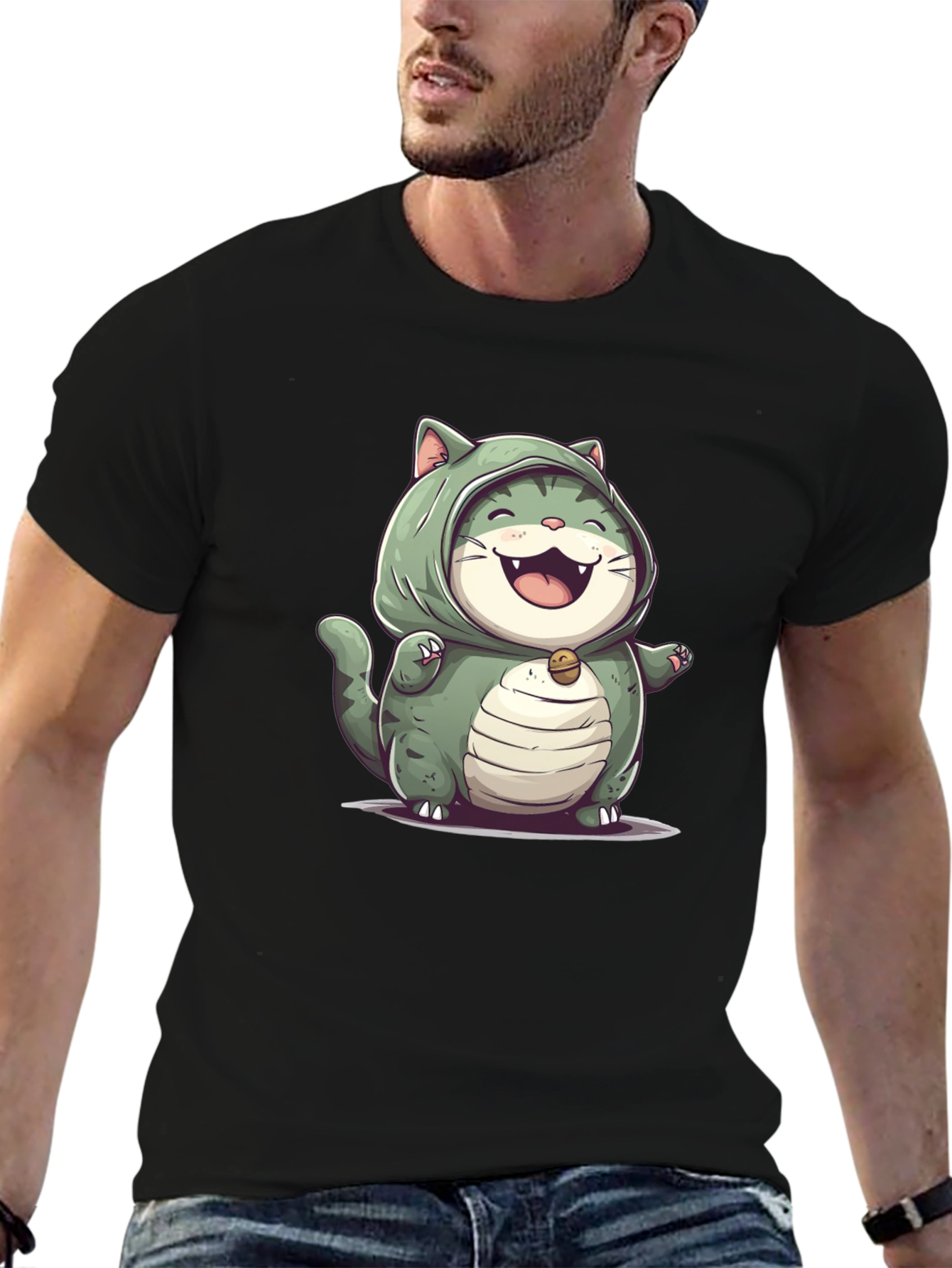 Black Cat In Bulbasaur Costume Black T-Shirt view 6