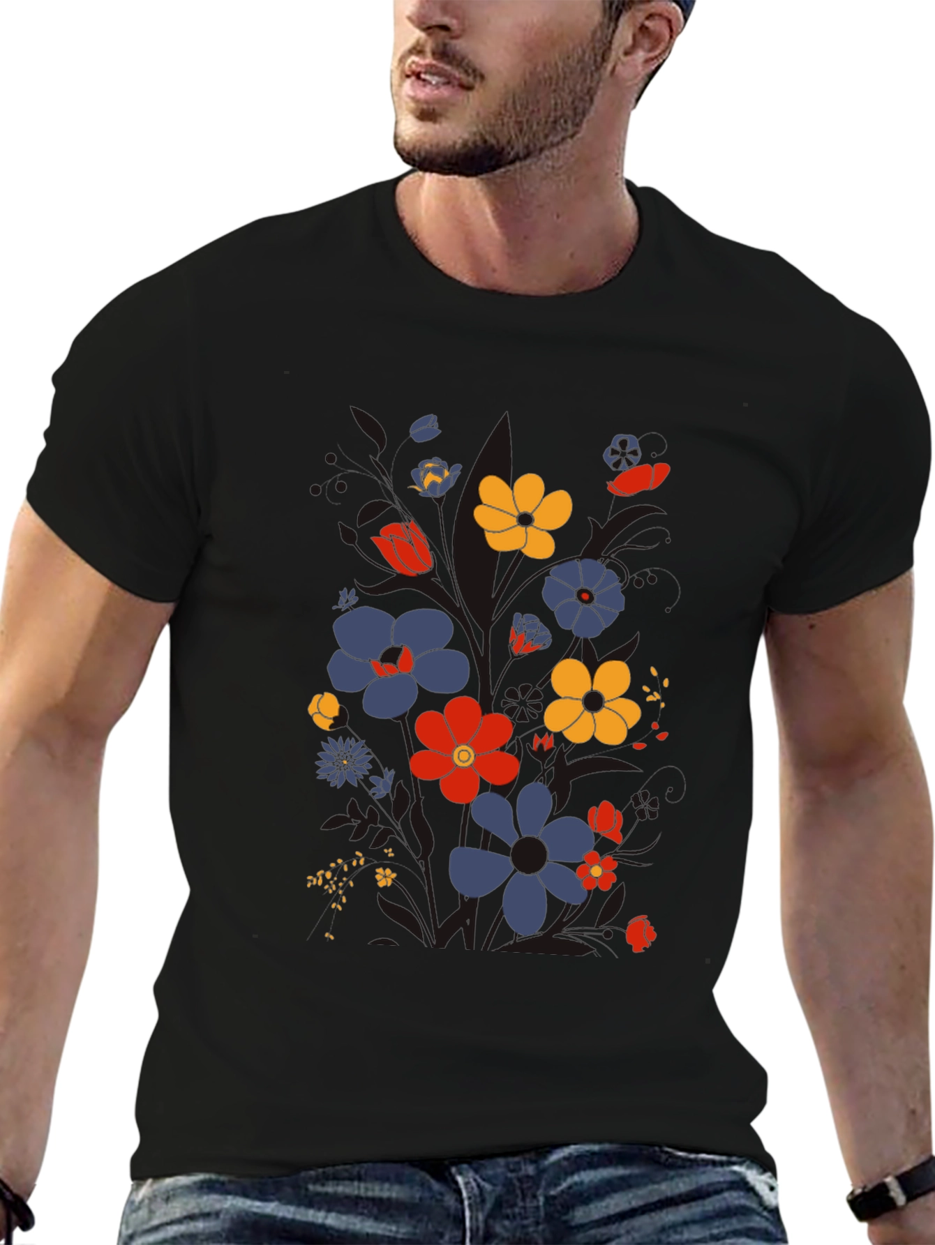 Black Floral Graphic Print T-Shirt - Retro Style view 6