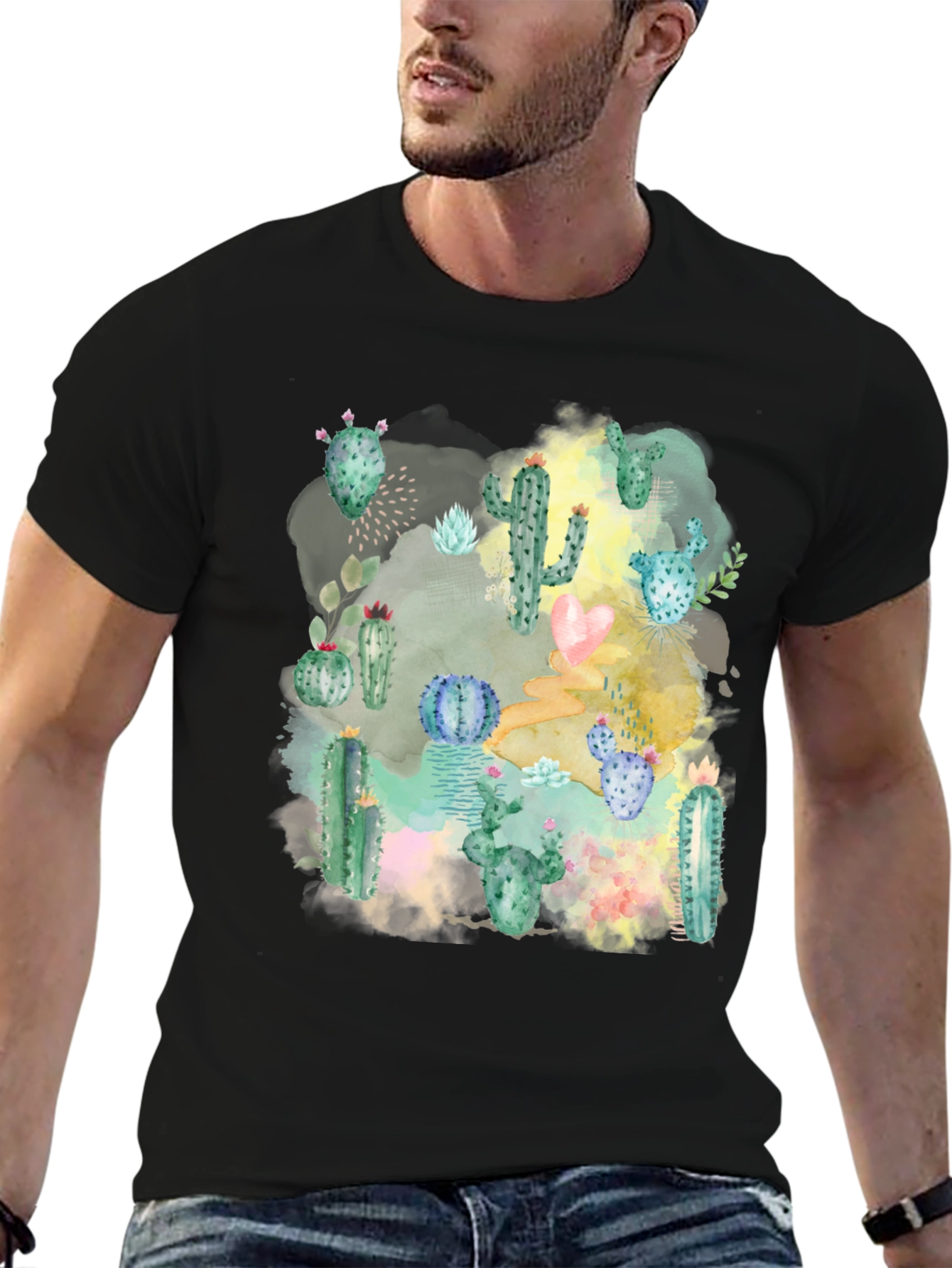 Black Cactus Watercolor Graphic Tee - Stylish Desert Design view 6