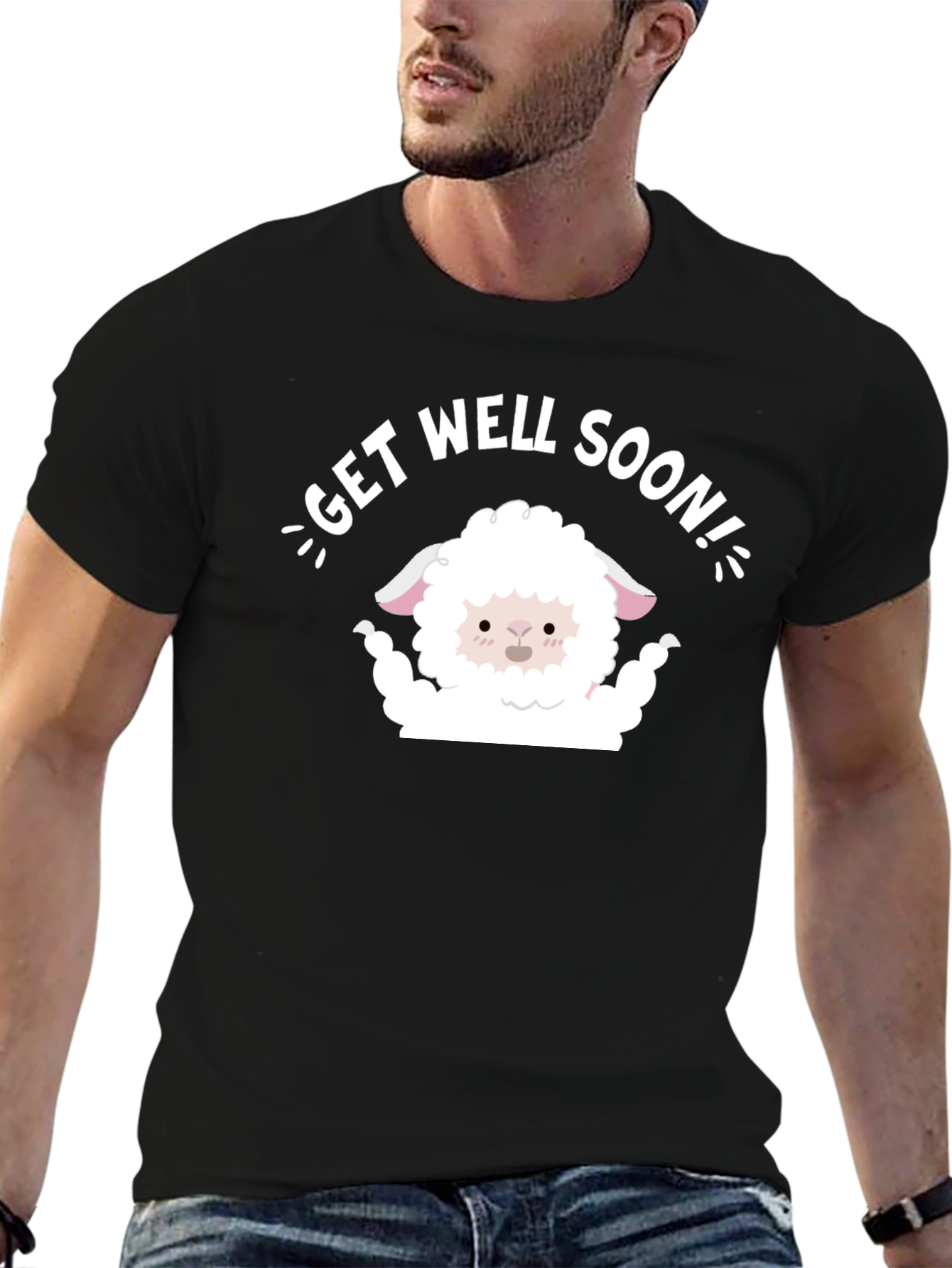 Black Get Well Soon Sheep T-Shirt - Cute Comfort view 6