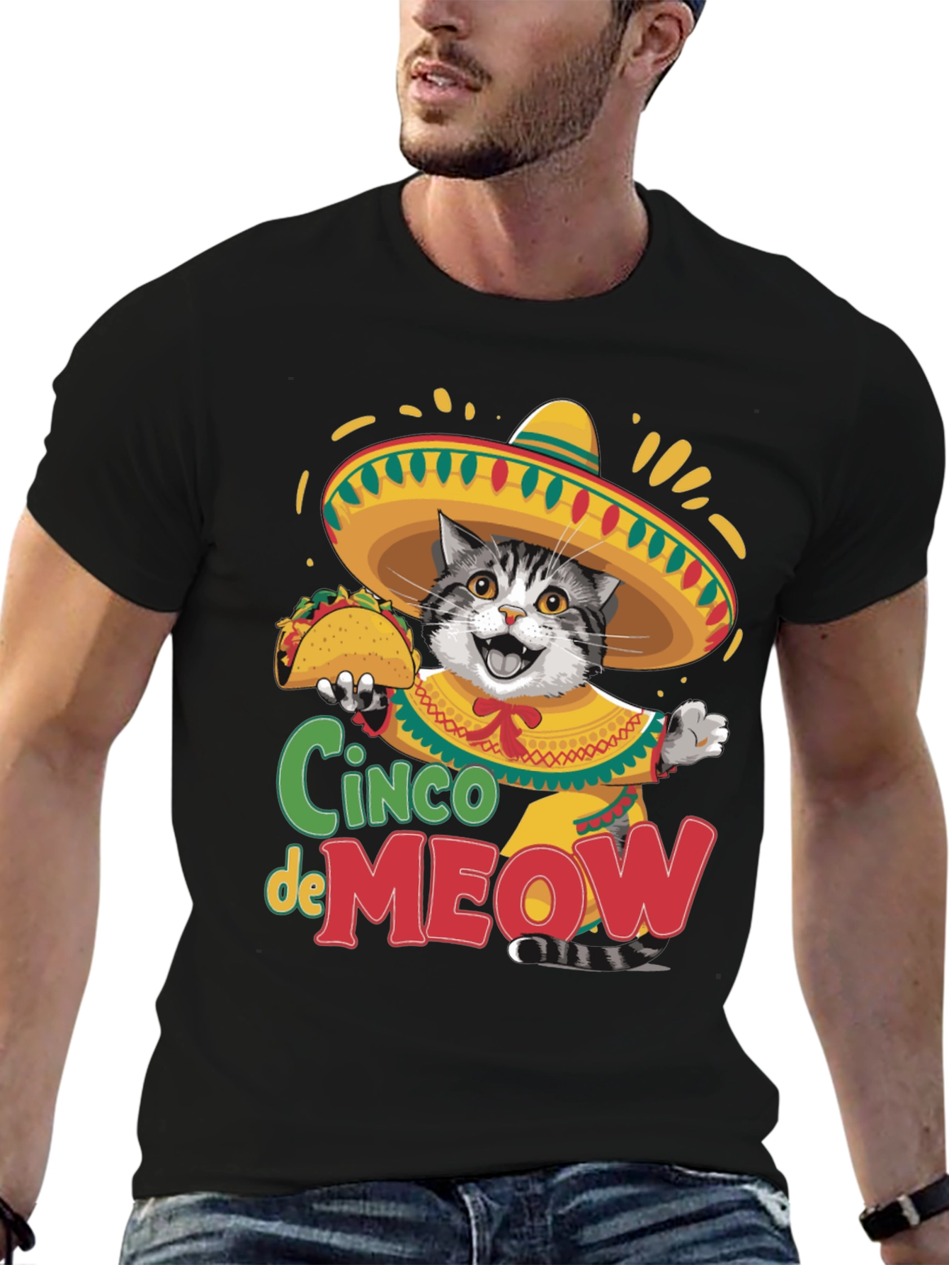 Black Cinco de Meow Cat T-Shirt - Taco Fiesta Tee view 6