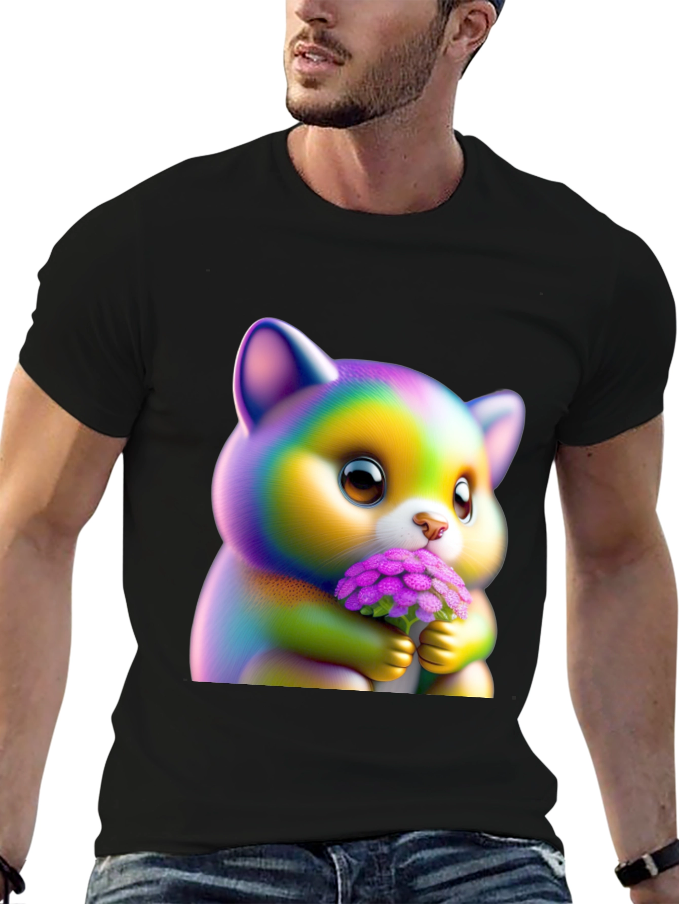 Black Cute Rainbow Kitten Holding Flowers Graphic Tee view 6