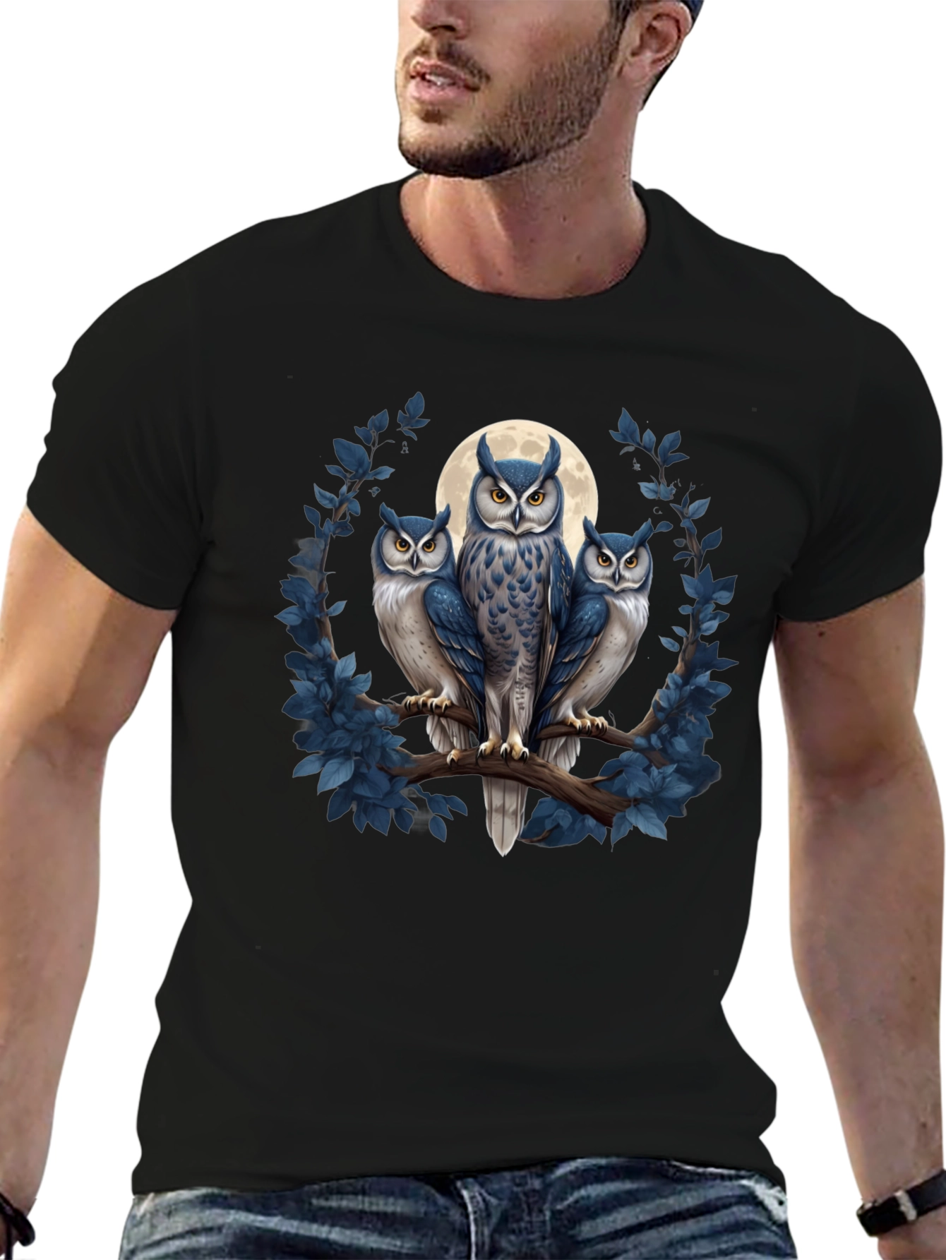 Black Owl Trio Graphic Tee - Moonlit Birds on Branch T-Shirt view 6