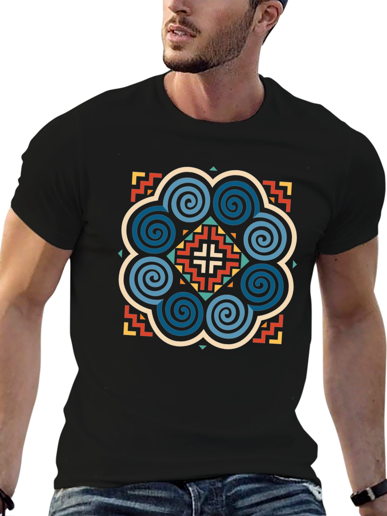 Black Geometric Pattern Black Graphic Tee view 6