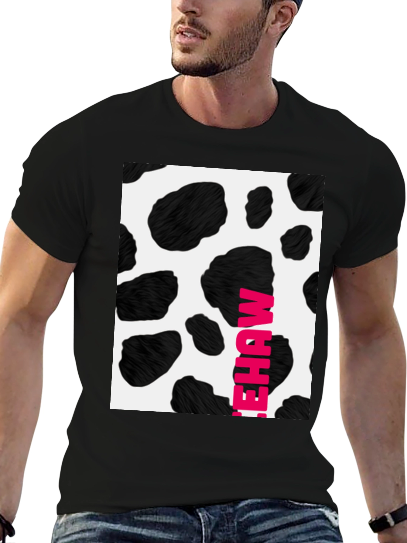 Black Cow Print T-Shirt with Pink Lettering view 6