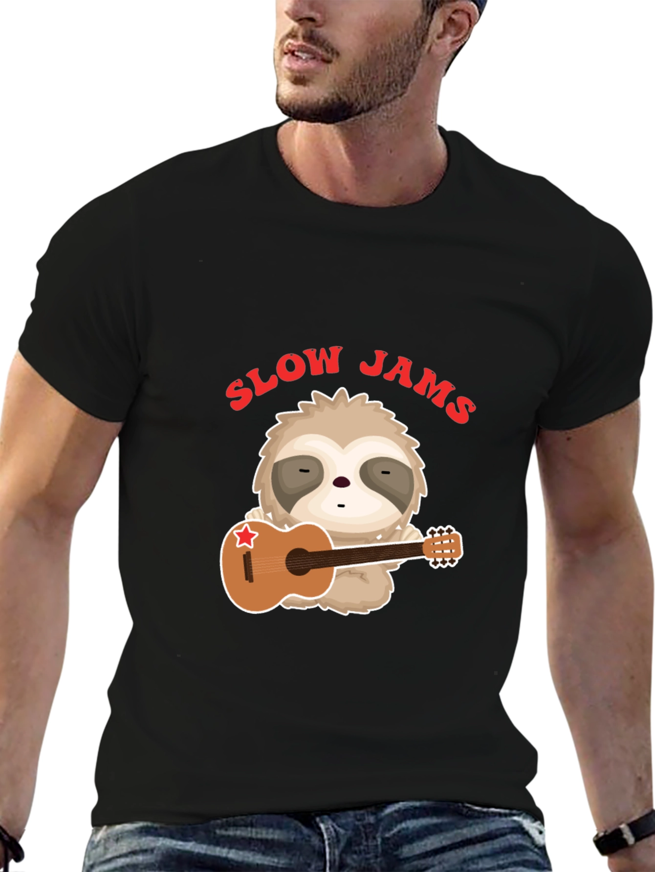 Black Slow Jams Sloth Guitarist Graphic Tee view 6