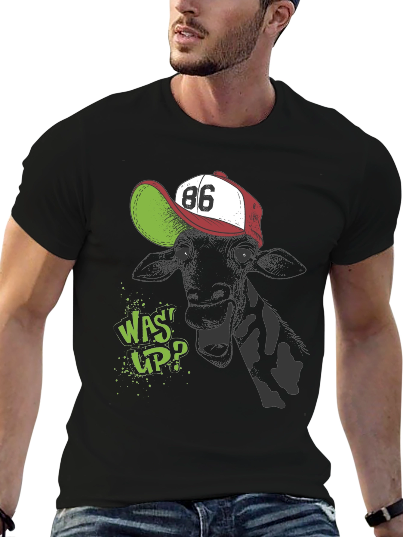 Black Cool Cow T-Shirt - 'Was Up?' Design view 6
