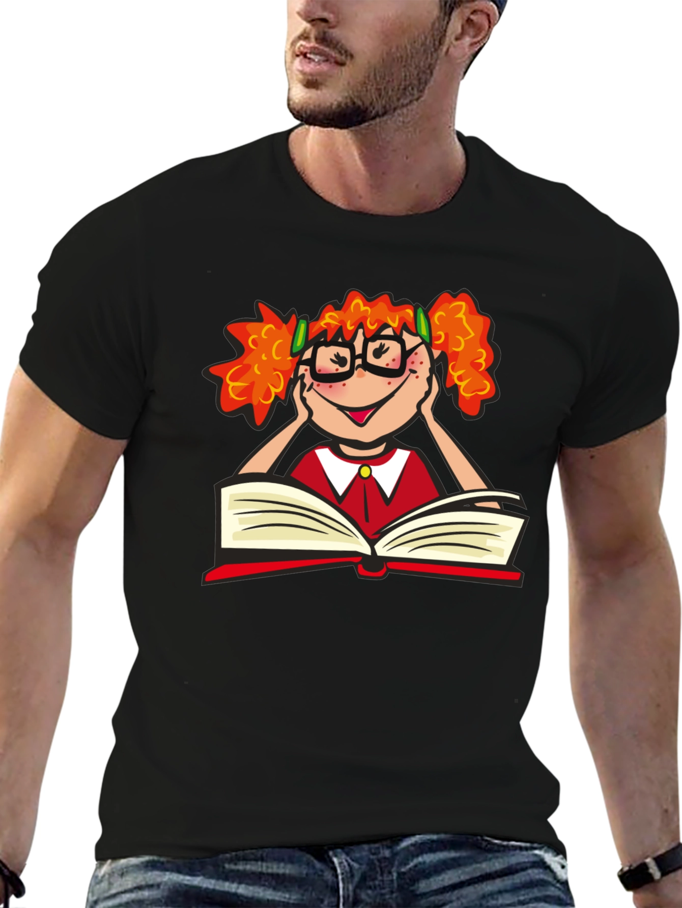 Black Nerdy Girl Reading T-Shirt - Black Cotton Tee view 6