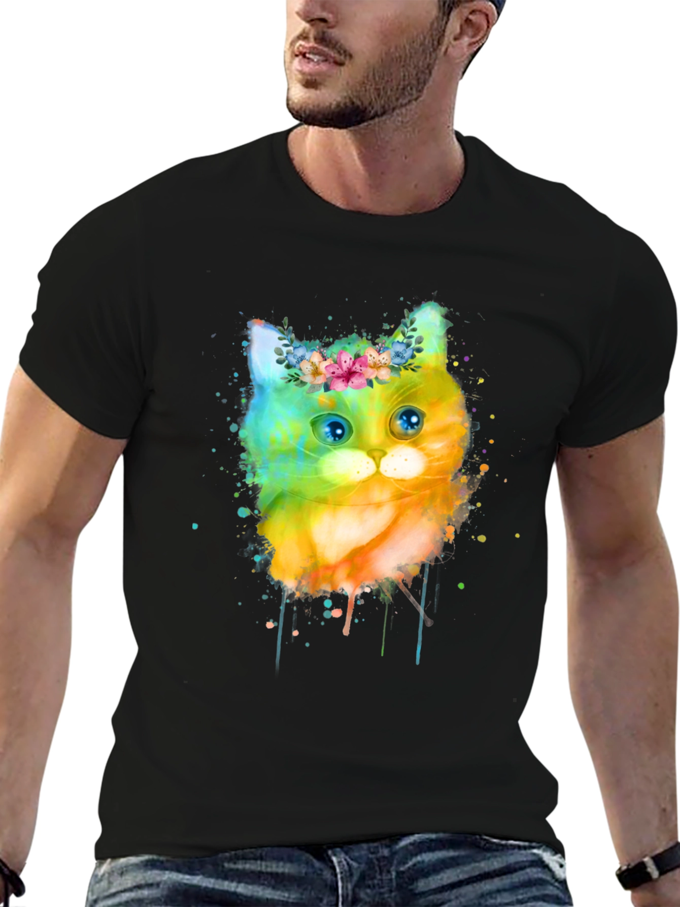 Black Watercolor Cat T-Shirt - Floral Crown Kitten Tee view 6