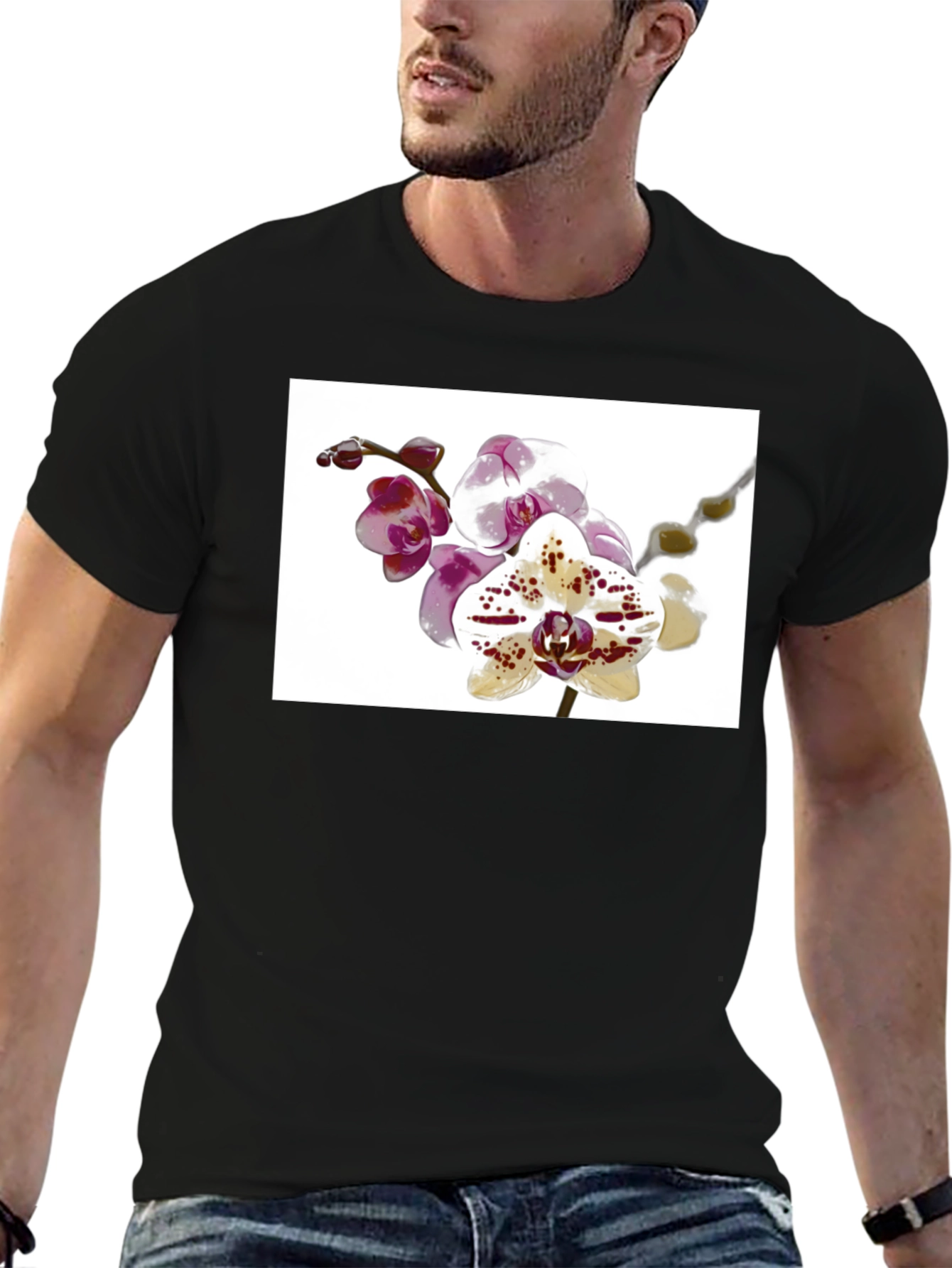 Black Floral Orchid Print Black T-Shirt view 6