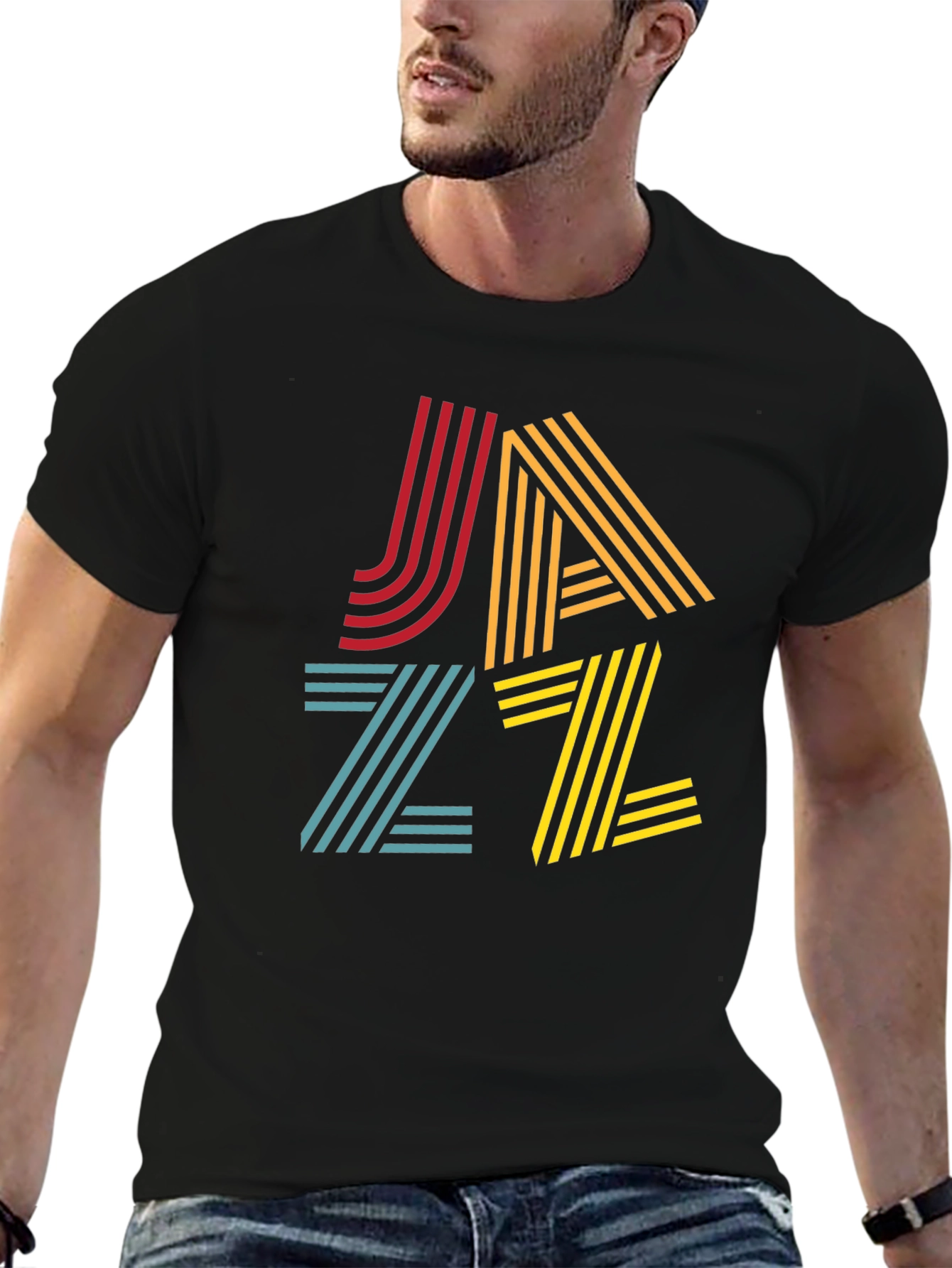 Black Retro Jazz T-Shirt: Colorful Striped Graphic Tee view 6