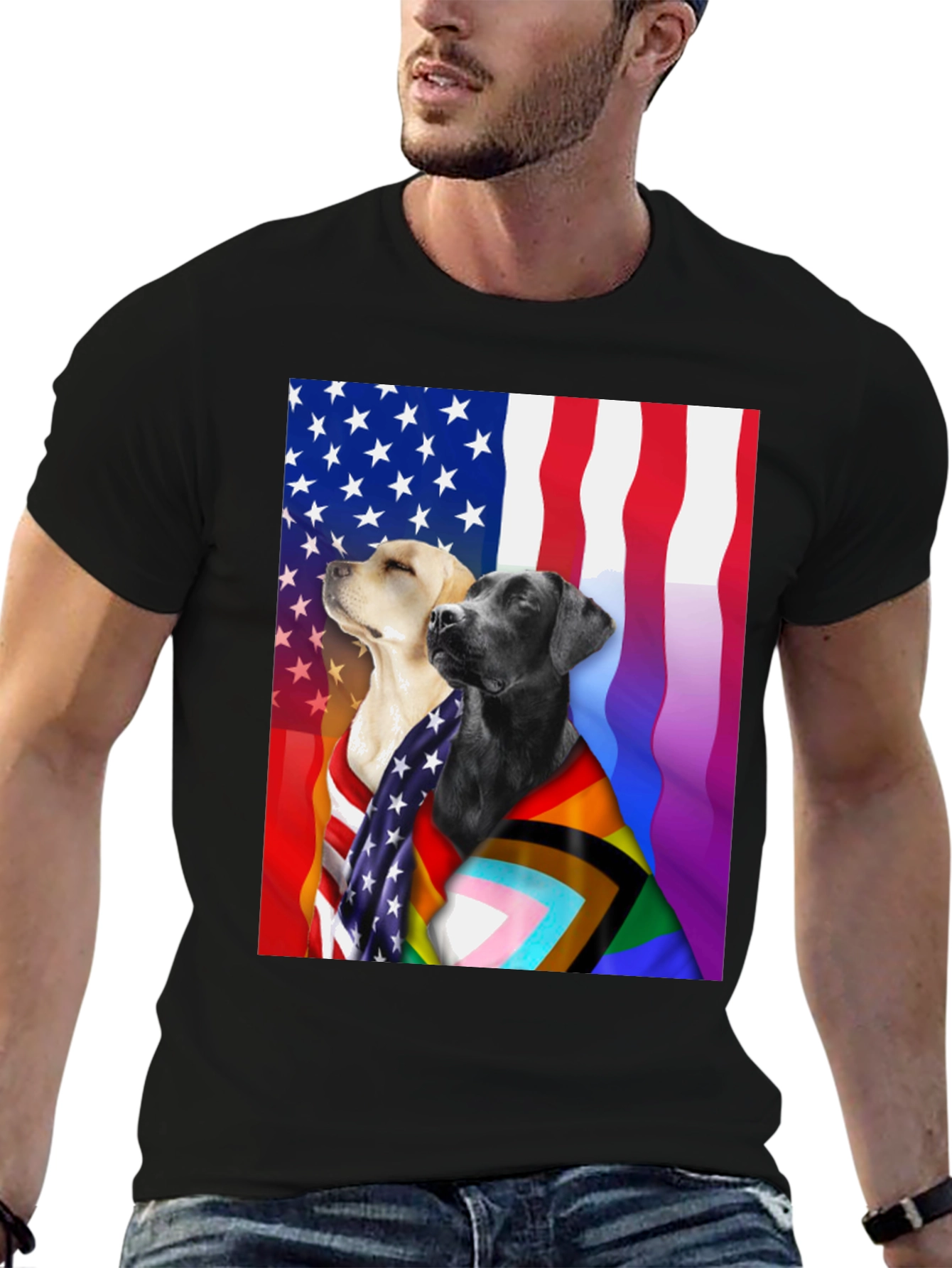 Black Patriotic Pride Dogs T-Shirt - American & LGBTQ+ Flags view 6