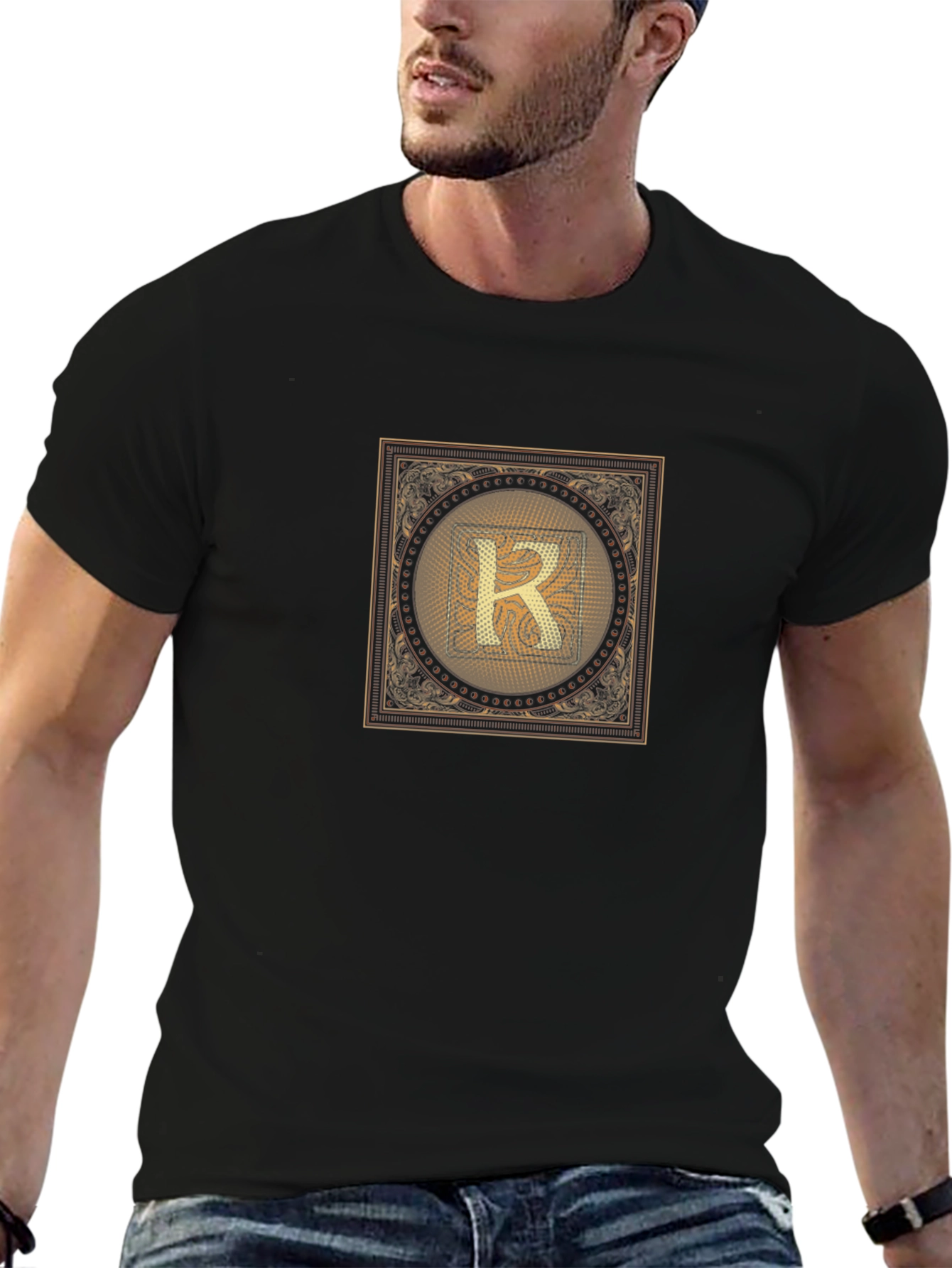 Black Golden Letter R Graphic Print Black T-Shirt view 6
