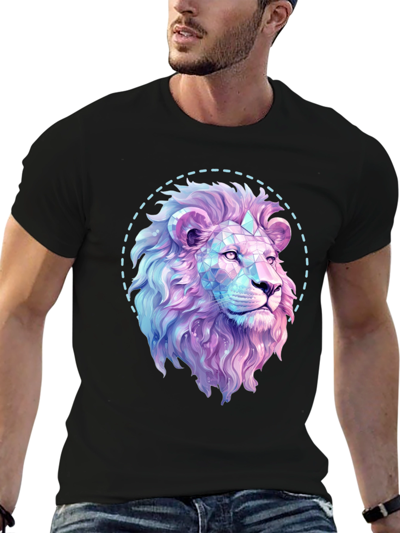 Black Geometric Lion Graphic Print Black T-Shirt view 6