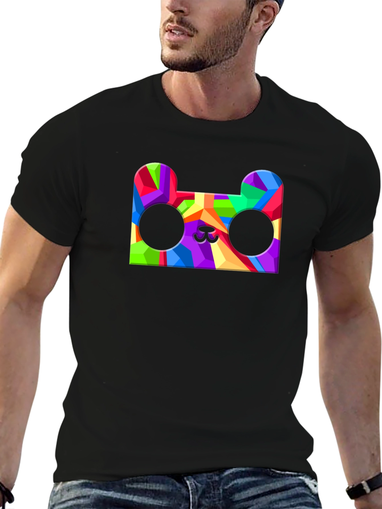 Black Geometric Bear Head Graphic Tee - Men's Black T-Shirt view 6