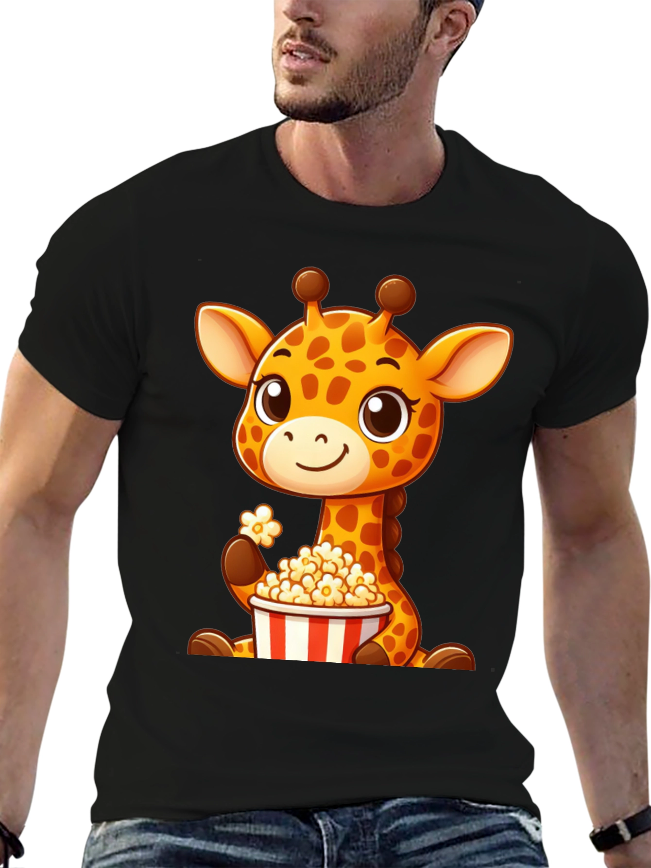 Black Giraffe Popcorn T-Shirt: Cute Cartoon Animal Tee view 6