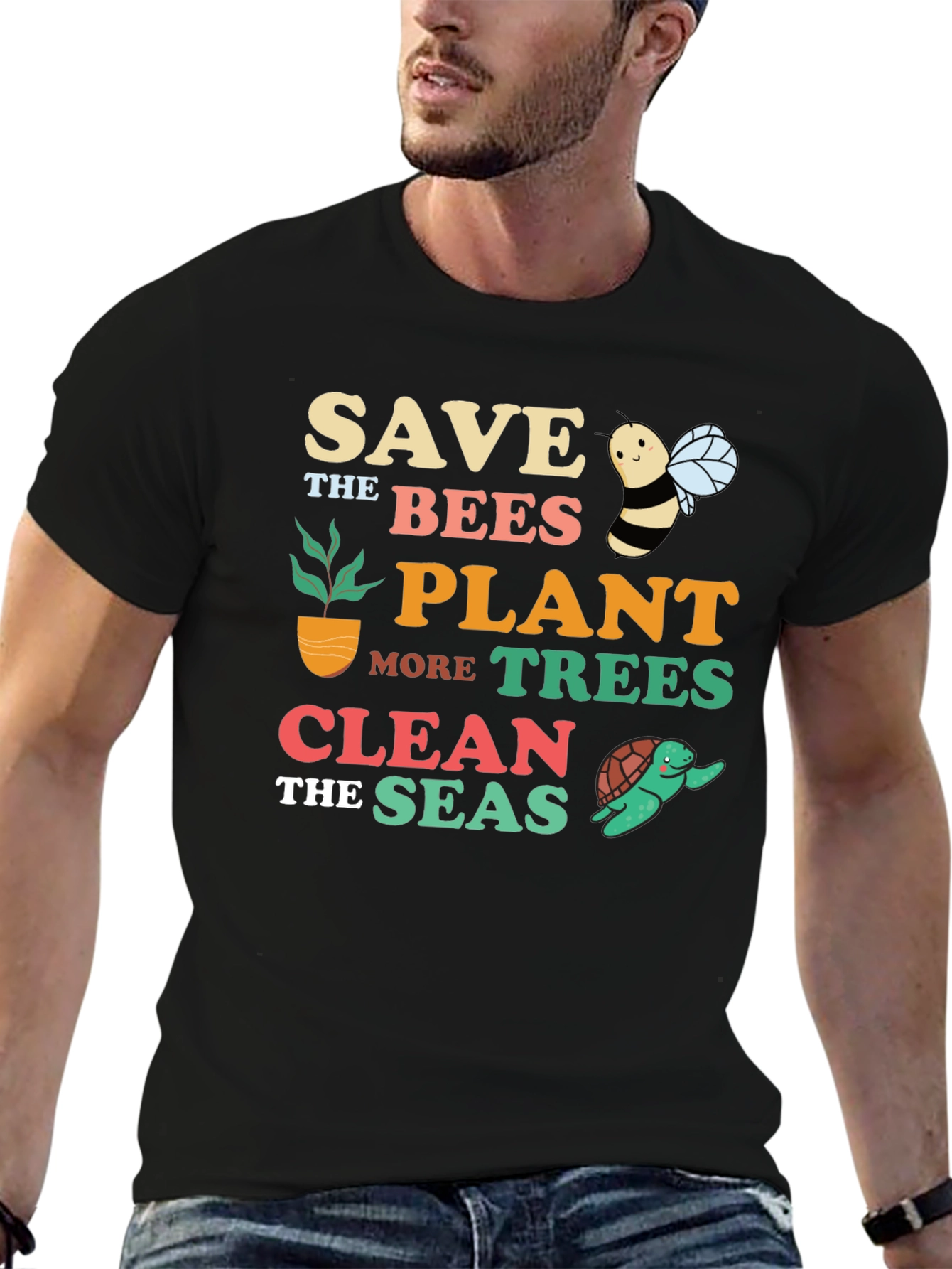 Black Save the Bees Graphic T-Shirt - Earth Day Apparel view 6