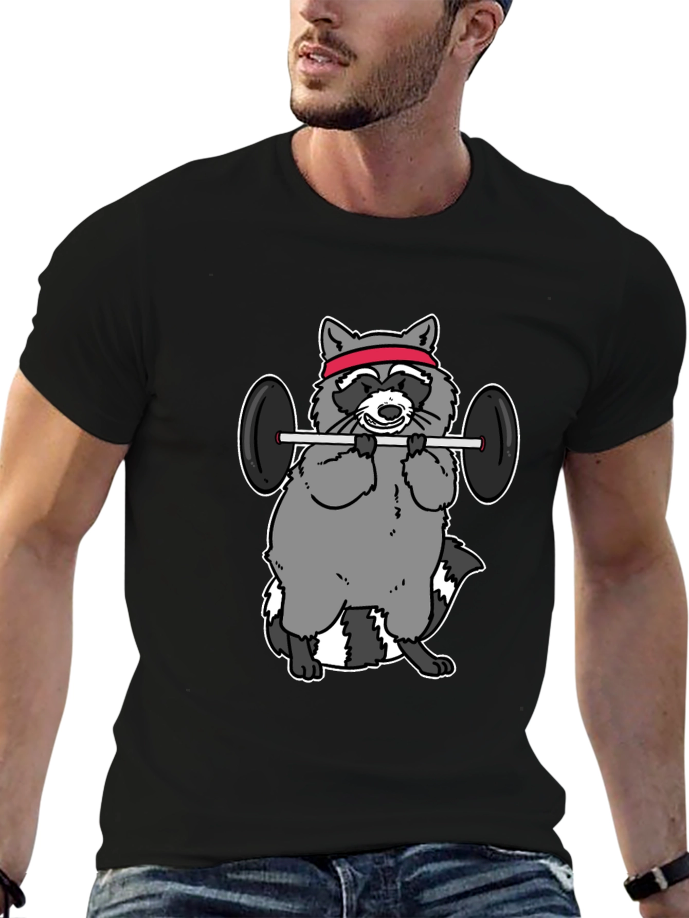 Black Raccoon Lifting Weights Funny Graphic T-Shirt view 6