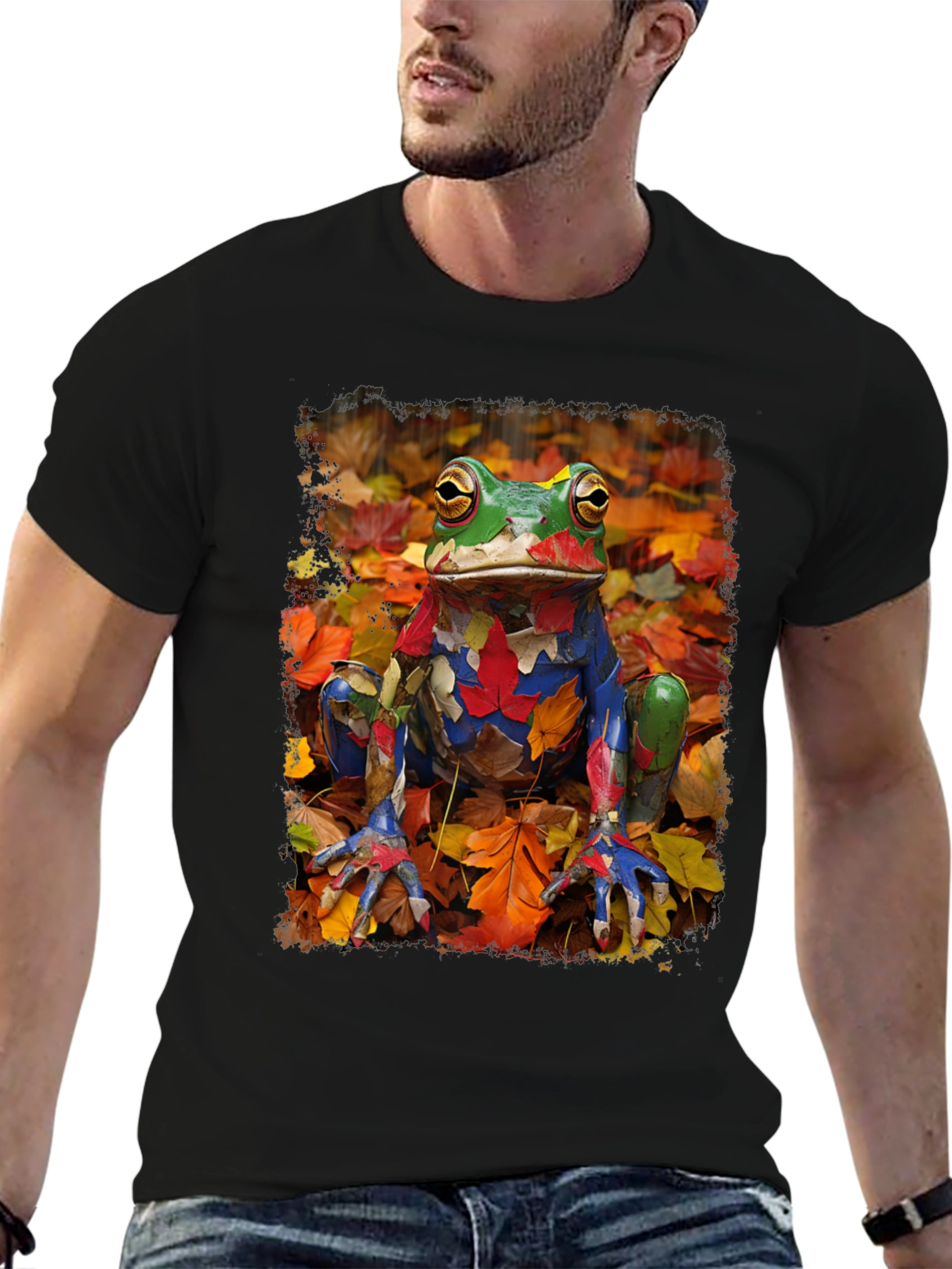 Black Frog in Fall Leaves Black T-Shirt view 6