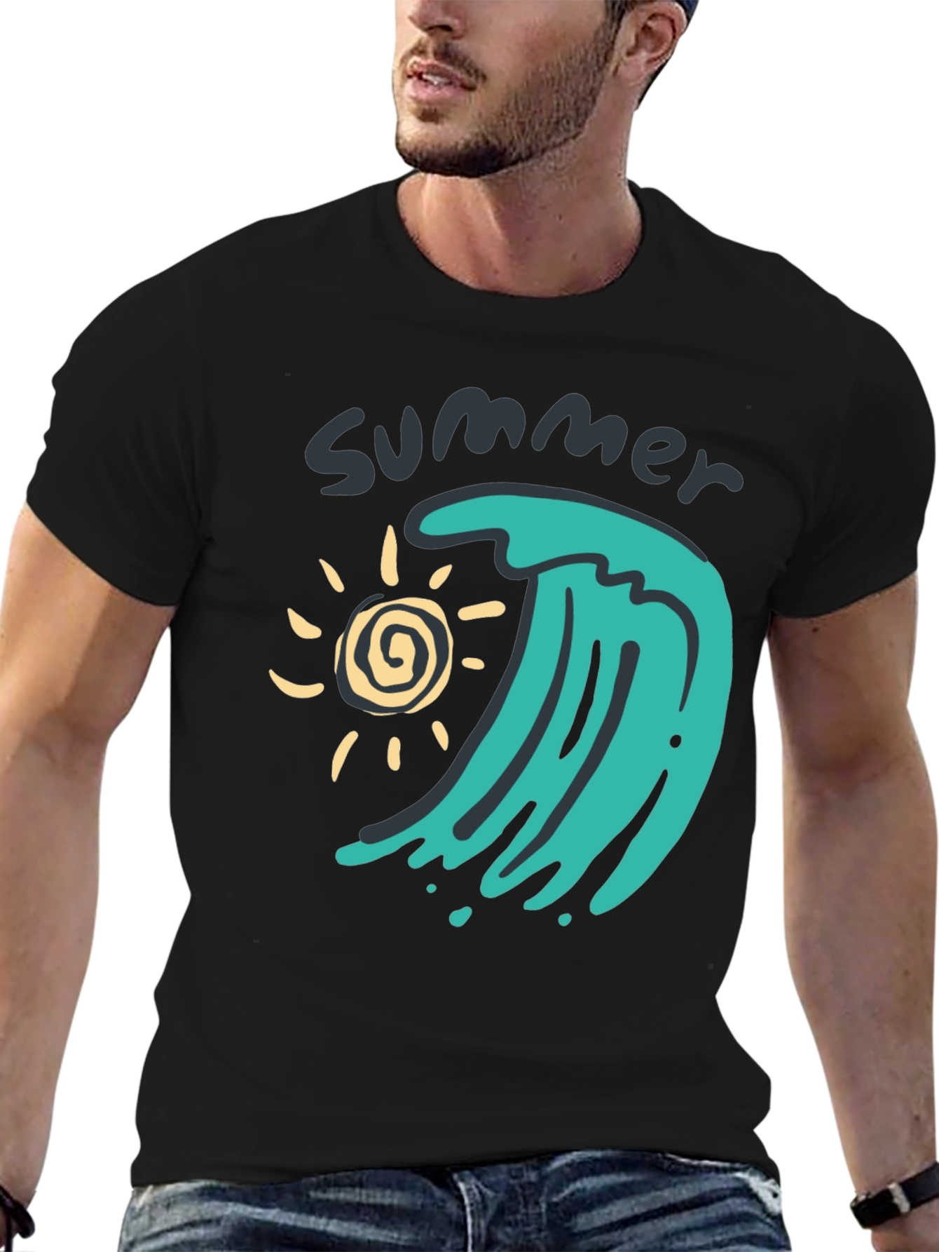 Black Summer Wave Graphic Tee - Black Cotton T-Shirt view 6