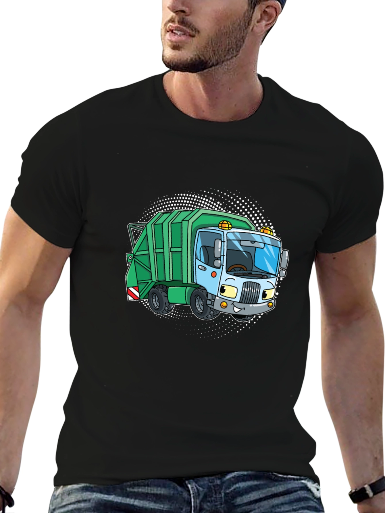 Black Garbage Truck Cartoon T-Shirt - Black Crew Neck Tee view 6