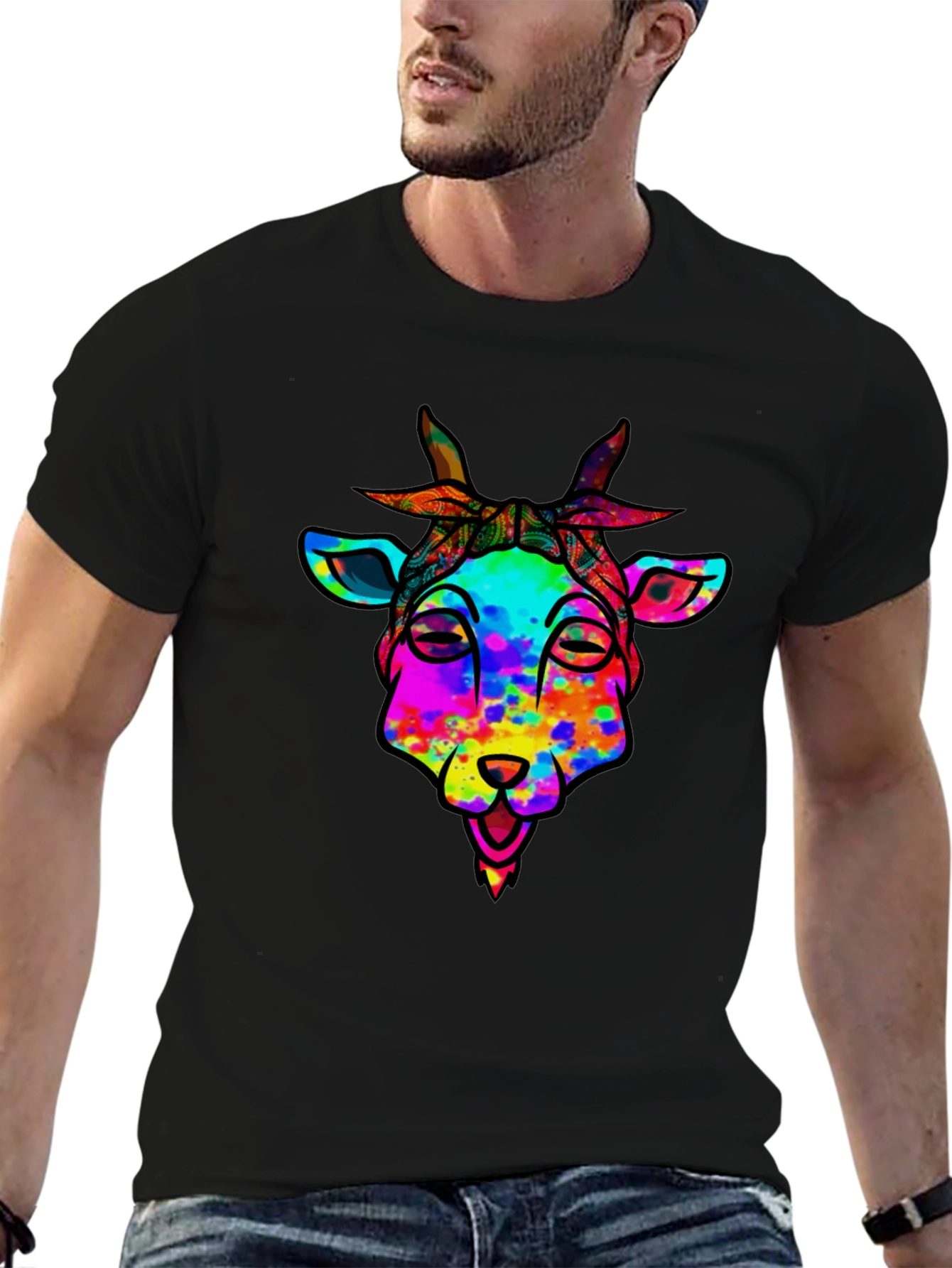Black Colorful Goat Graphic Tee - Black Cotton Blend view 6