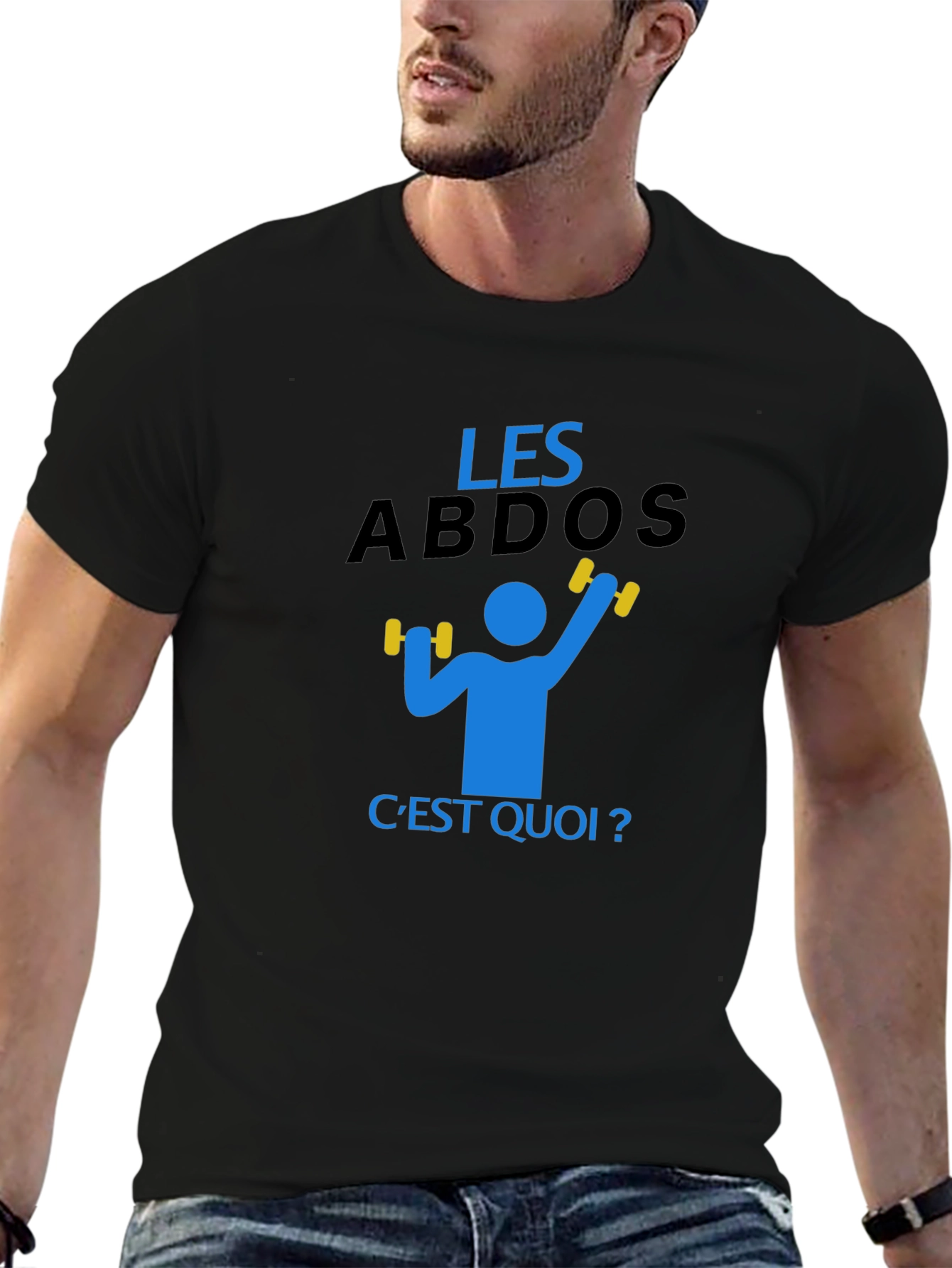 Black Funny "Les Abdos C'est Quoi" Gym Workout T-Shirt view 6