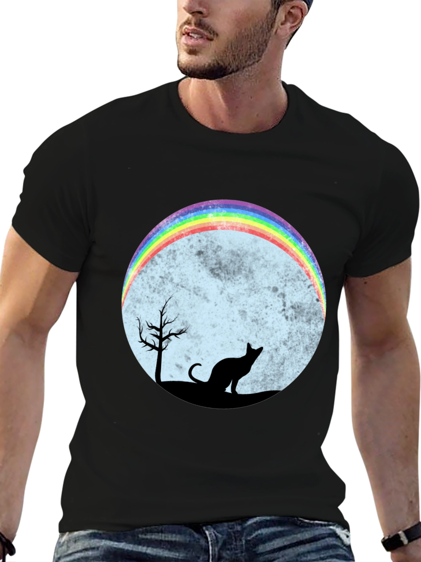 Black Rainbow Cat Silhouette Graphic T-Shirt view 6