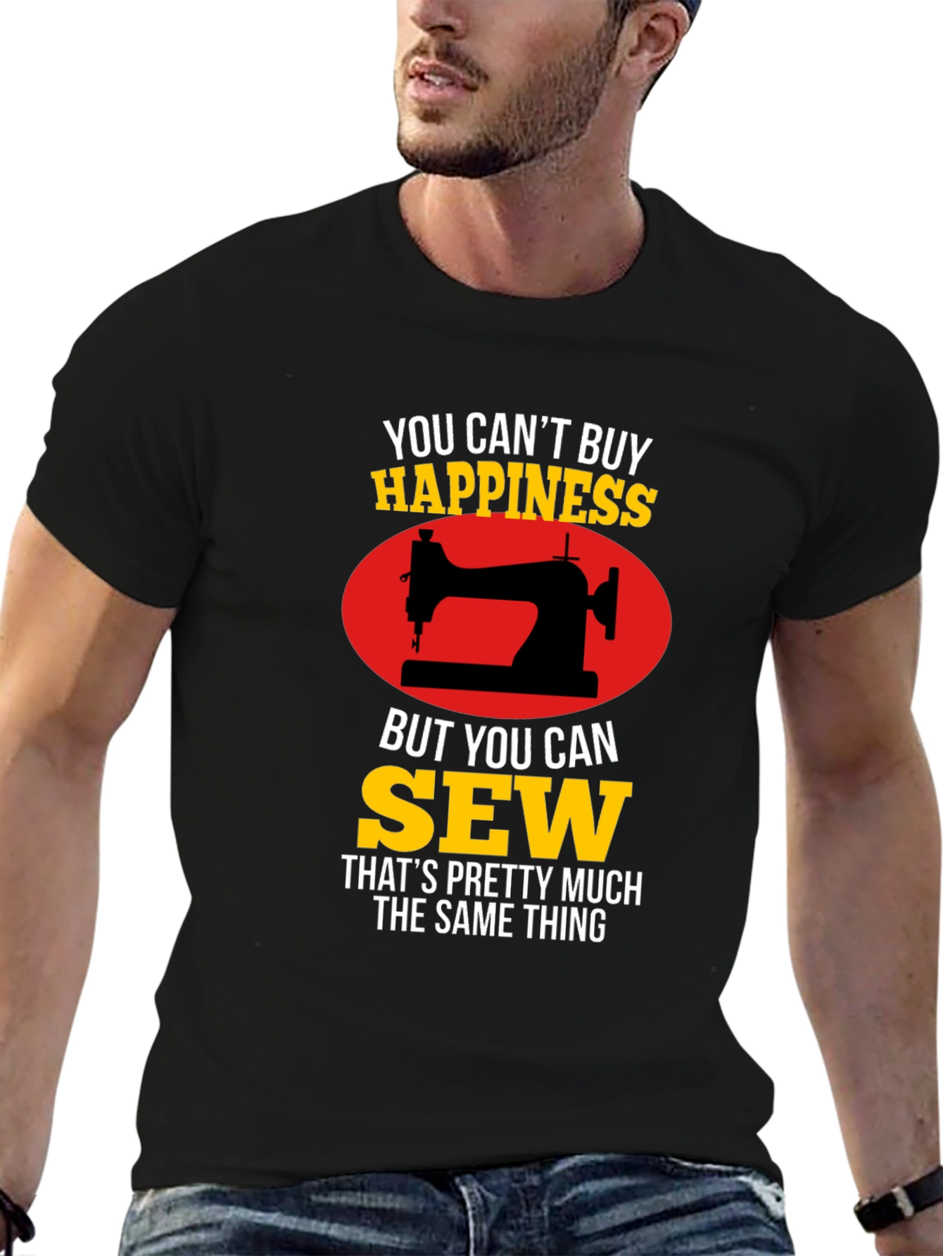 Black Sewing Happiness T-Shirt - Gift for Seamstress view 6