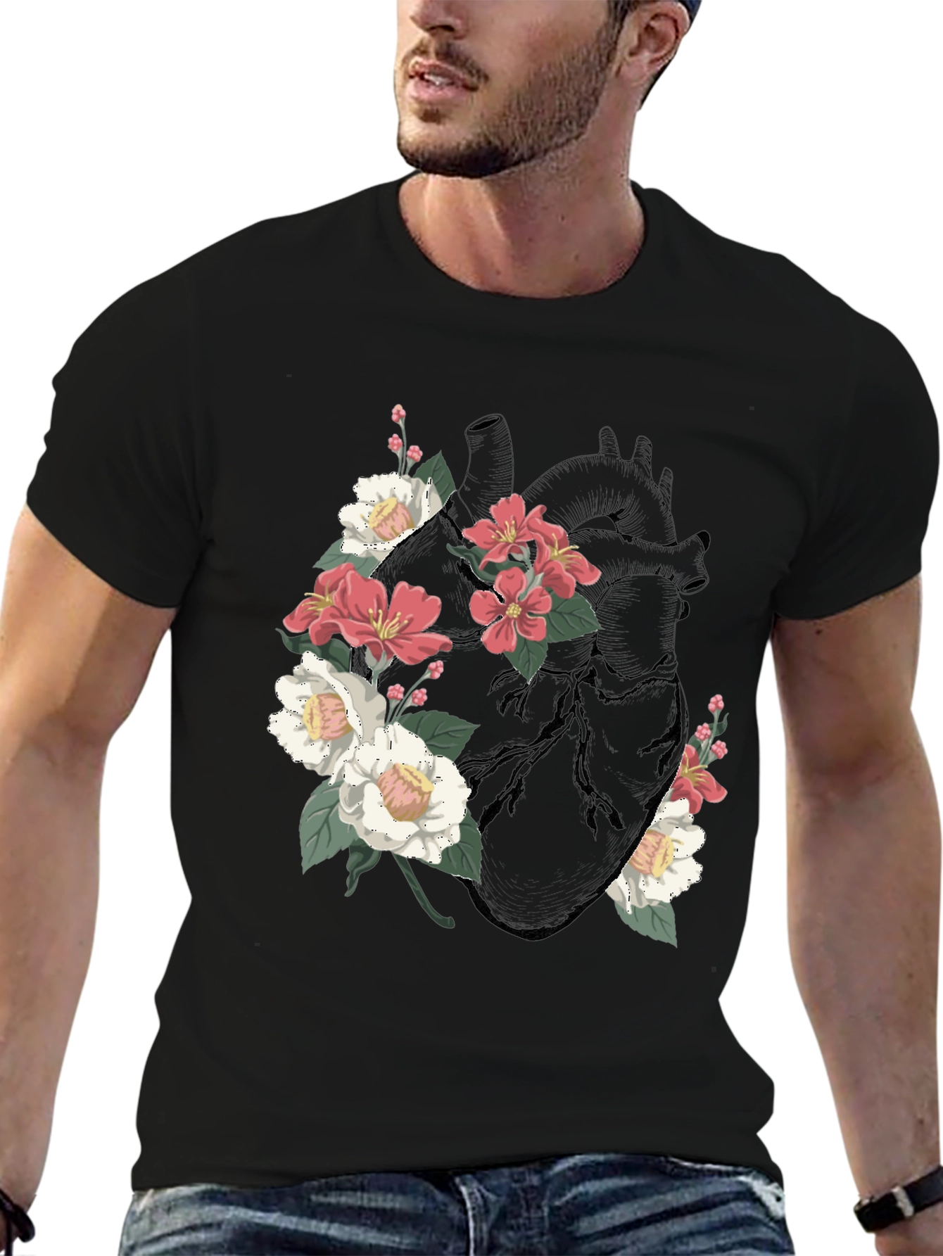 Black Floral Heart Graphic T-Shirt - Black view 6