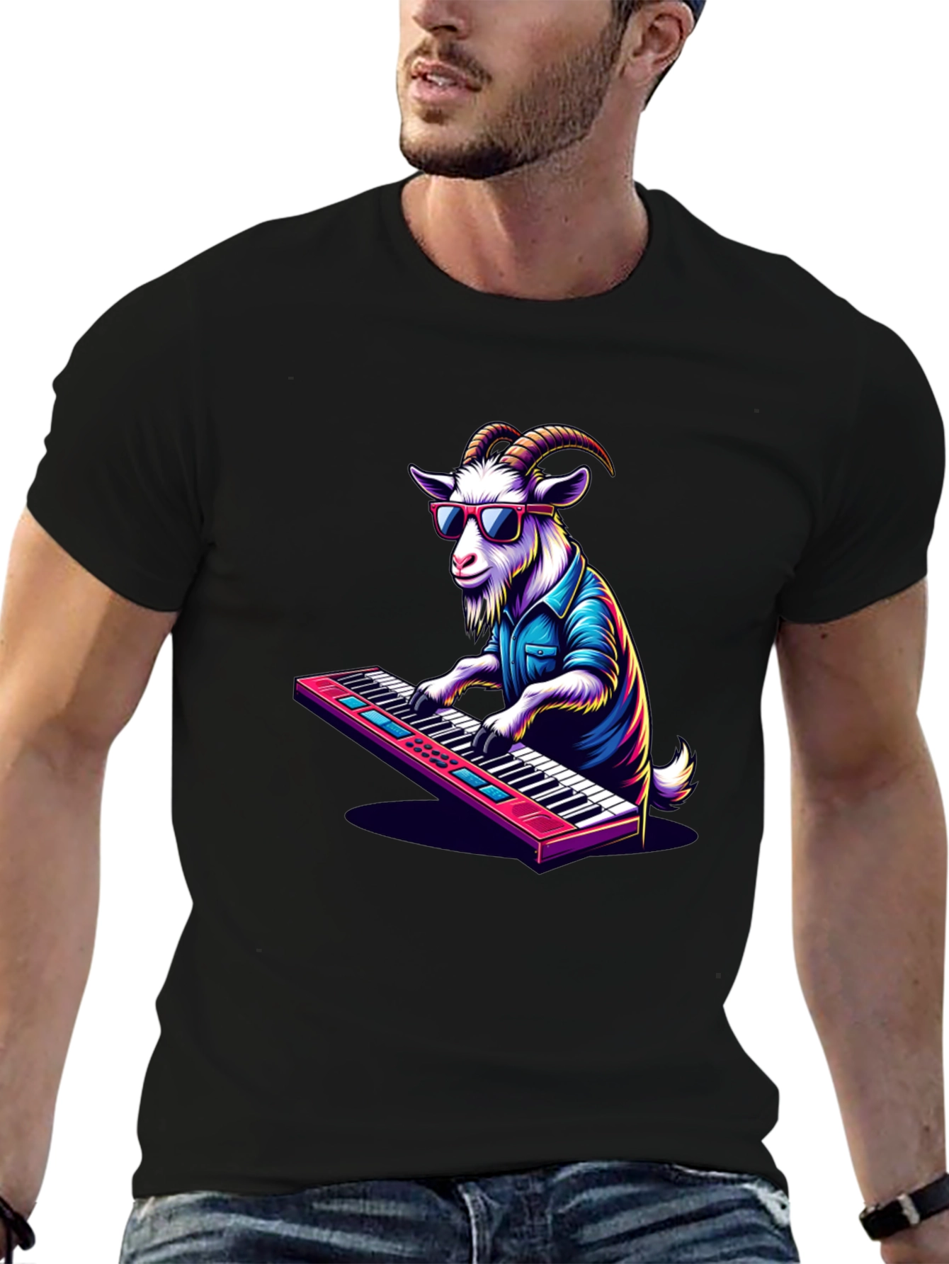 Black Goat Playing Keyboard T-Shirt - Cool Animal Tee view 6