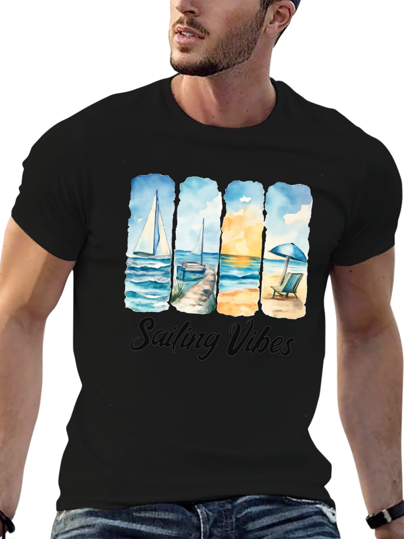 Black Sailing Vibes T-Shirt - Black Cotton Tee view 6
