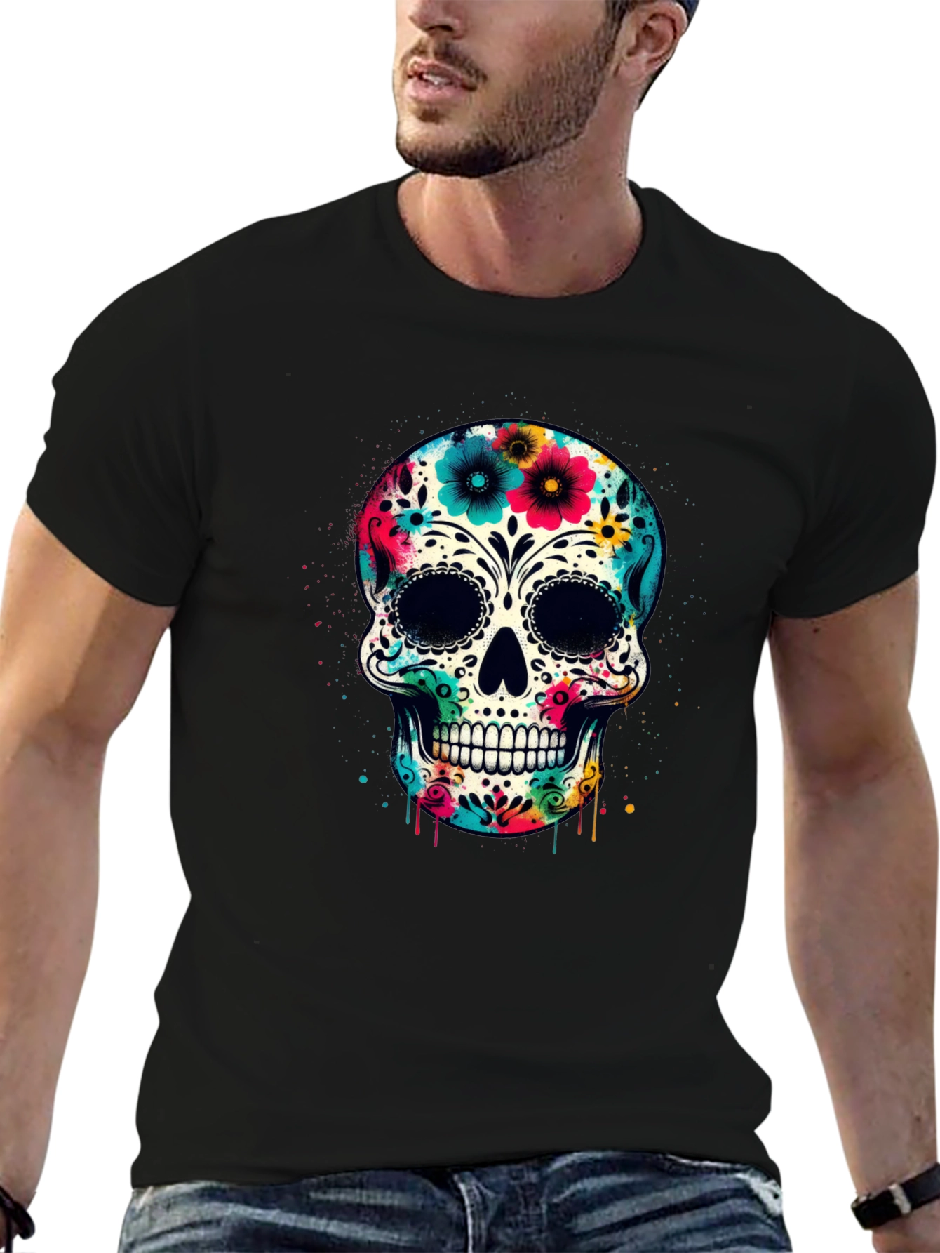 Black Floral Sugar Skull Graphic Tee - Day of the Dead Style view 6