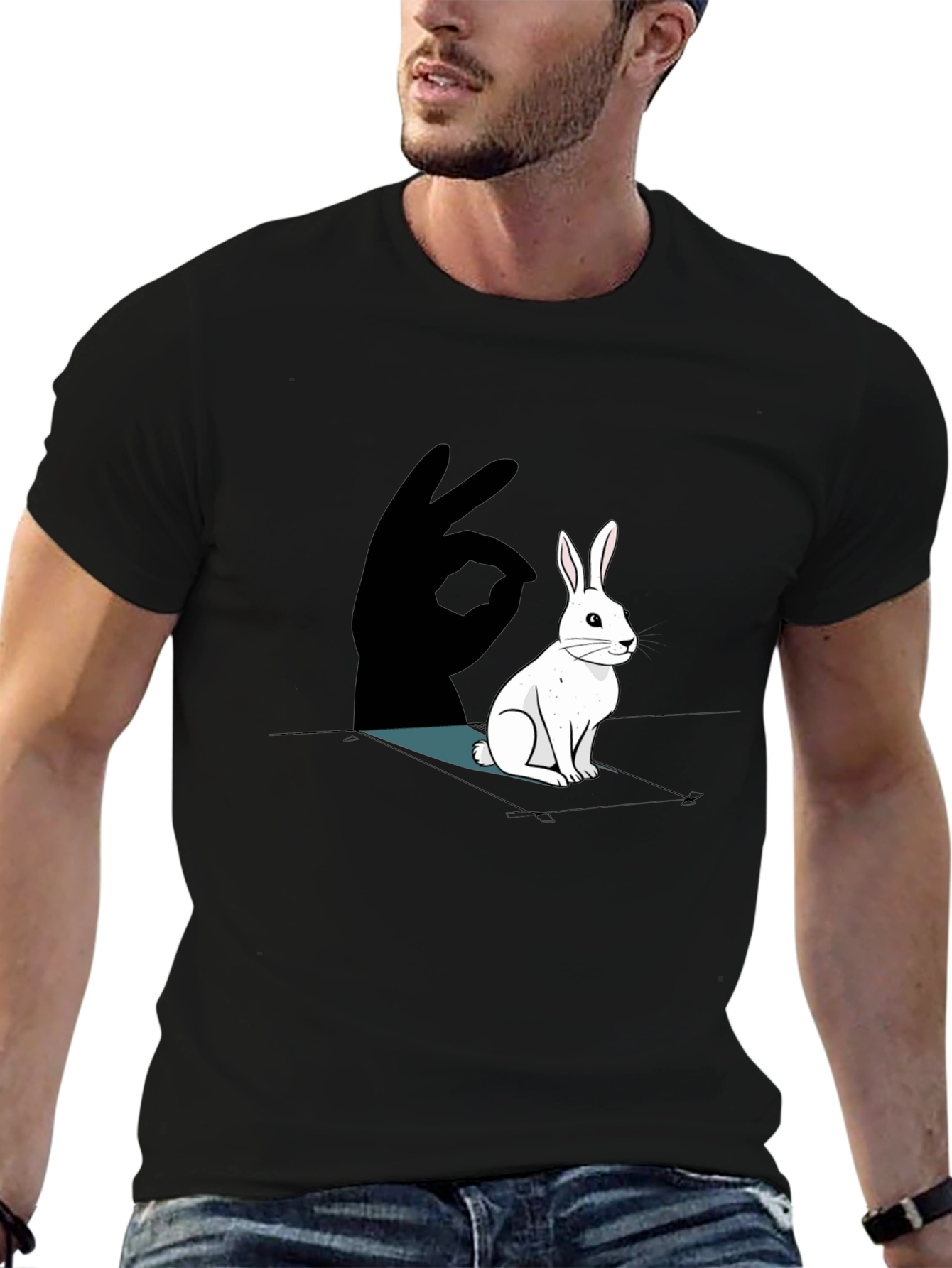 Black Rabbit Shadow Hand T-Shirt - Black Cotton Tee view 6
