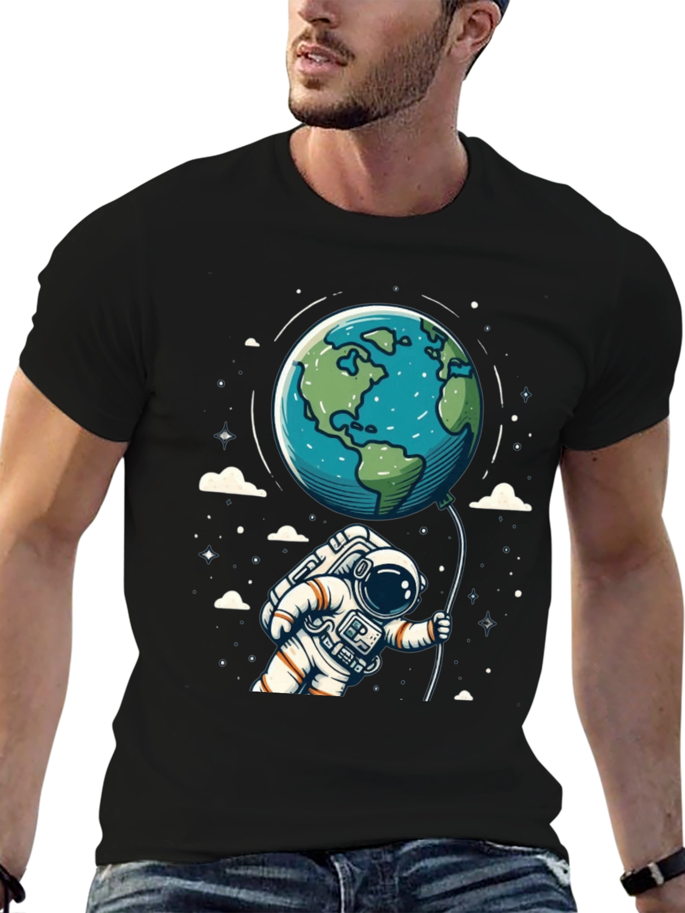 Black Astronaut Earth Balloon Black T-Shirt view 6