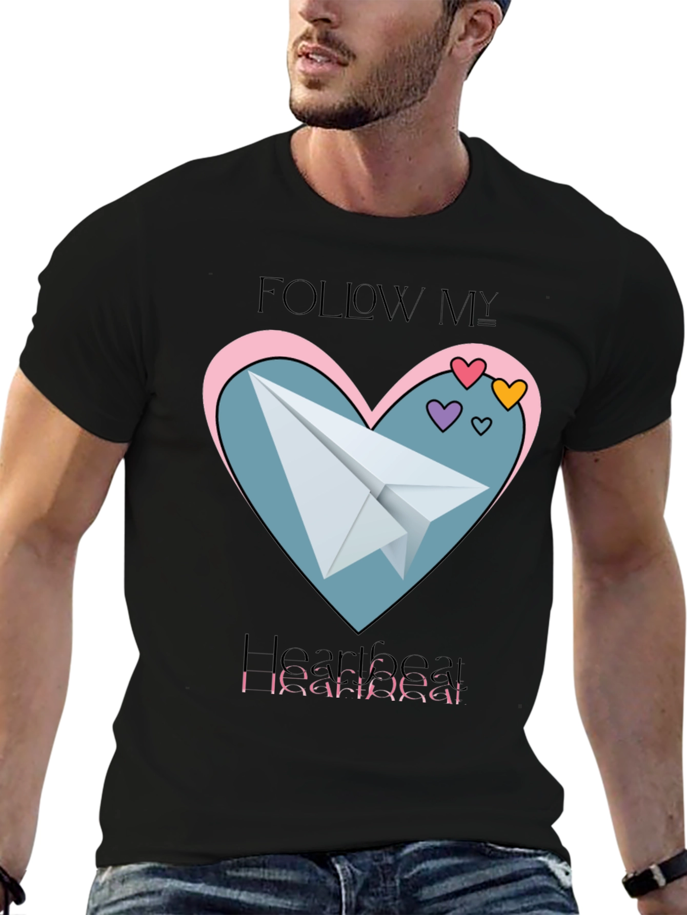 Black Follow My Heartbeat T-Shirt: Paper Airplane Love Design view 6